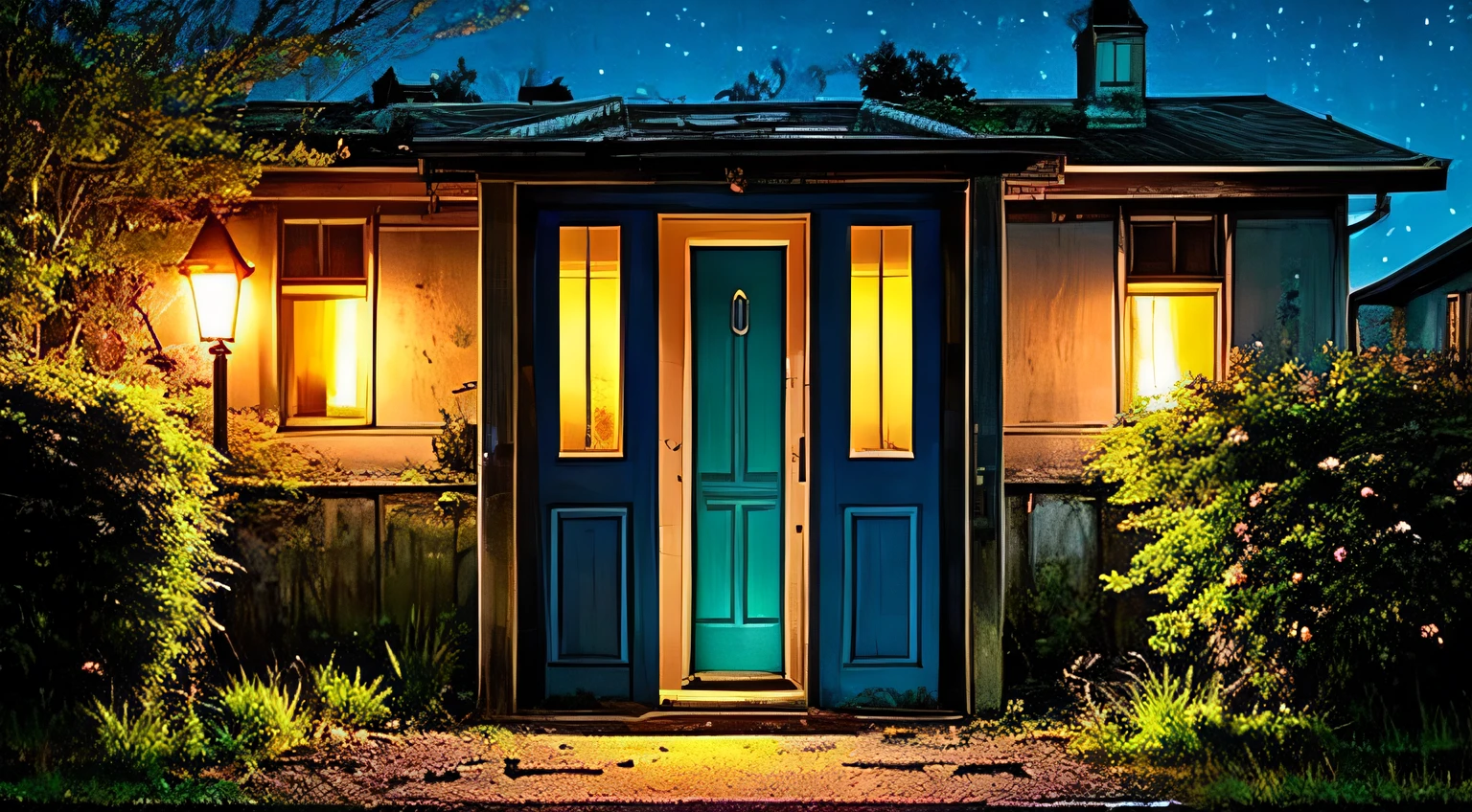 Entrance to an abandoned house in the night anime