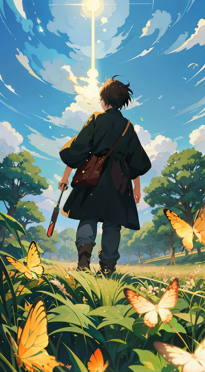 Anime - style illustration of a girl walking through a field with a butterfly, Makoto Shinkai Cyril Rolando, anime lush John 8k Woods, 4K manga wallpaper, Ghibli art style, Makoto Shinkai art style, Studio Ghibli anime style, anime art wallpaper 8 K, Ghibli art style, Ghibli anime style style, ( Makoto Shinkai )