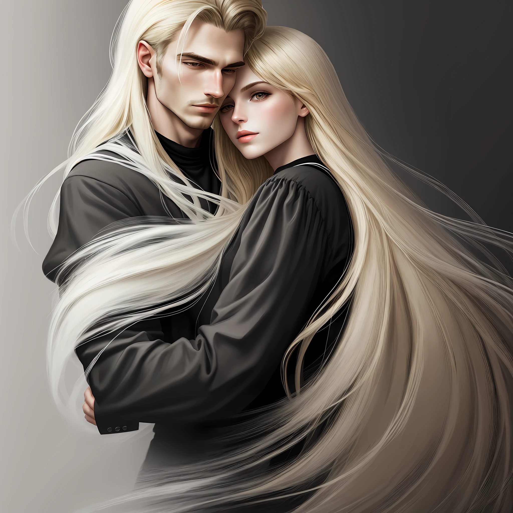 Style Black and White Painting, Illustration, Detailing, Fantasy, Realism, Portrait, Man With Blonde Hair Hugging Woman With Dark Hair