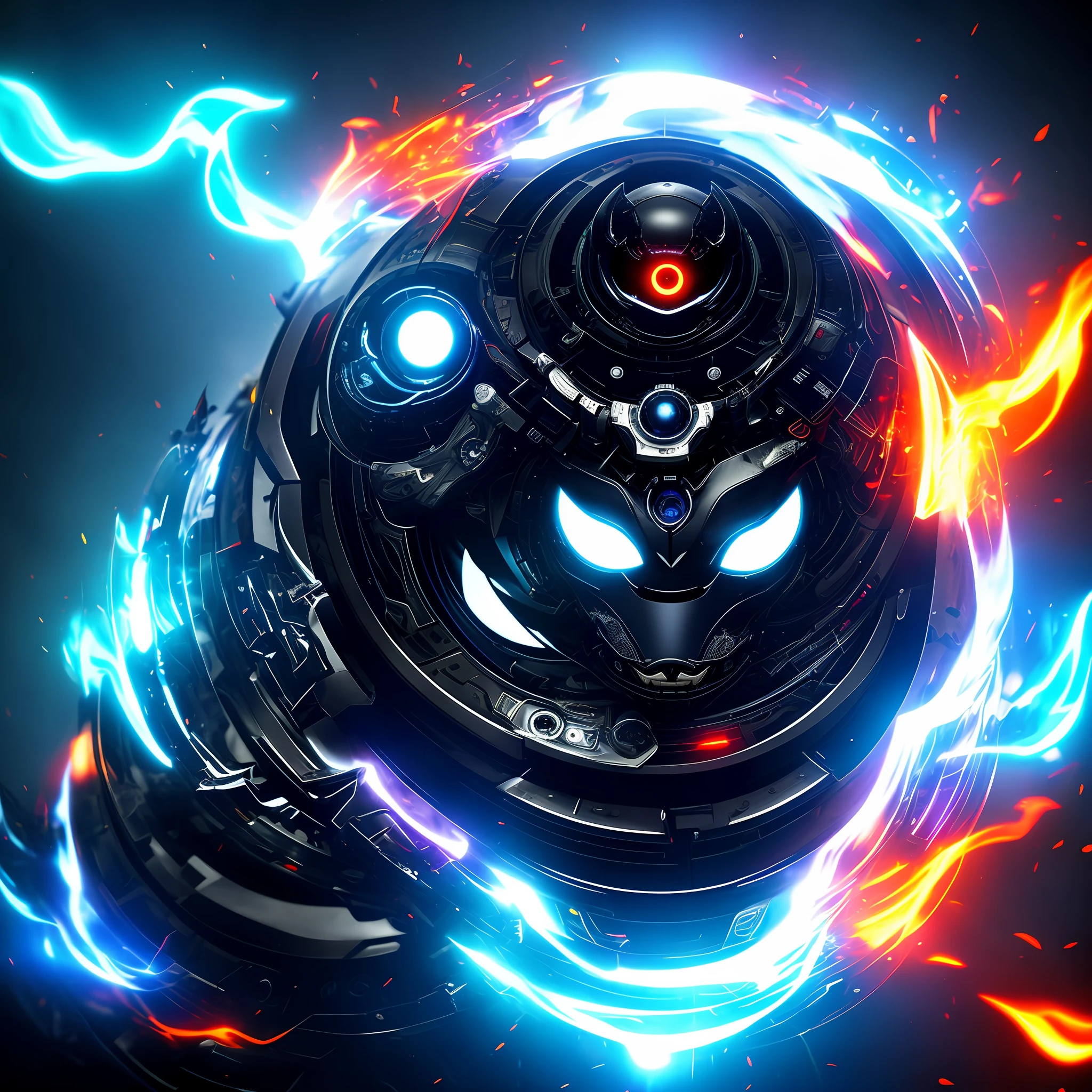 Robotic venom with eyes on ying yang theme, sinister background blue flames, mood of supense,horror, dark, 4k resolution,