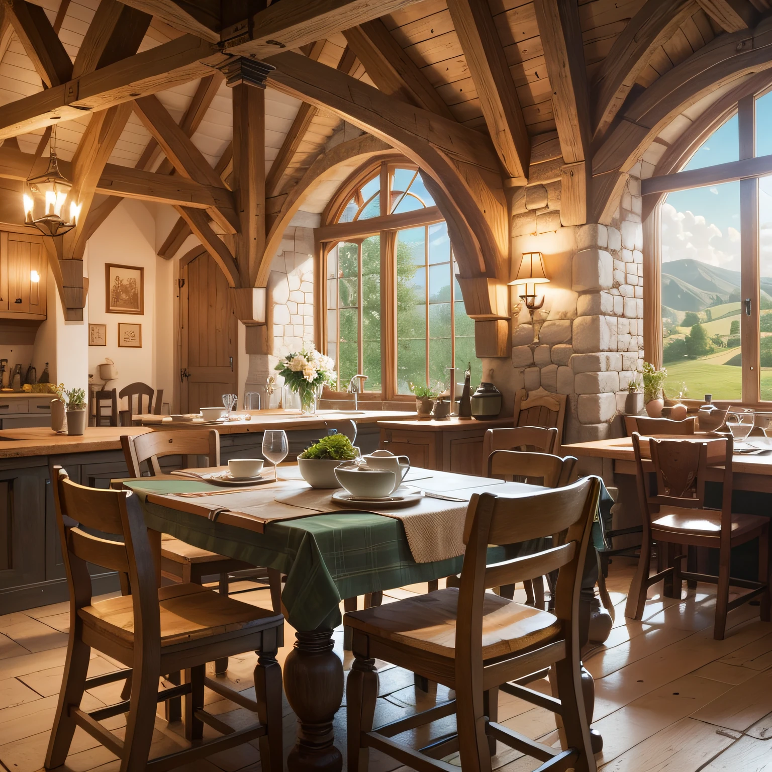 Rural, Medieval, inn, indoors, humble, tables, chairs, dinner plates, quadratic, pivix --auto --s2