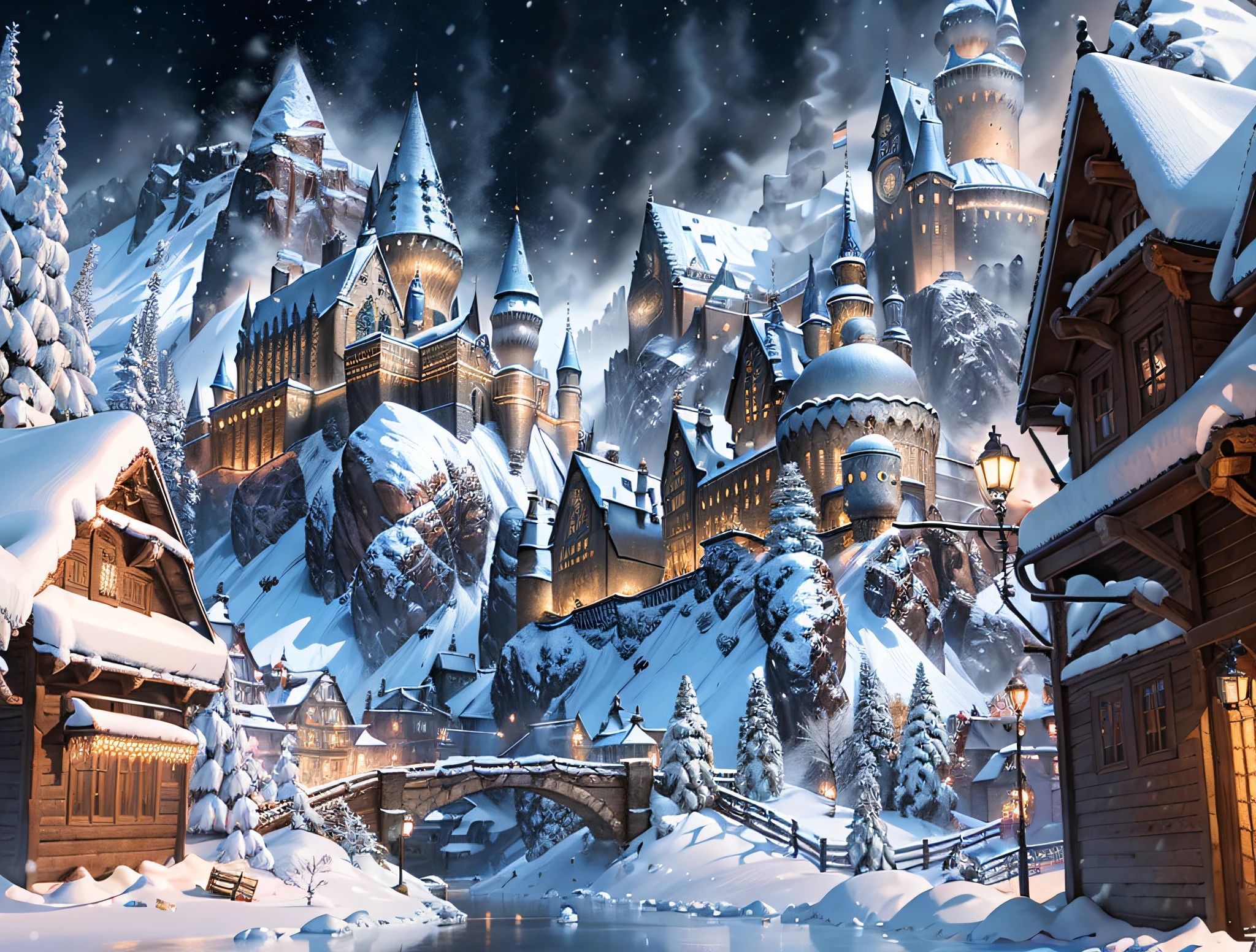 ((masterpiece)), best quality, high quality, ((extremely detailed CG unity 8k wallpaper)),(fantasy), traditional market full of crowd ((bazar)), backside view, winter season, snowy environment, magic movie style, harry potter movie style, 3D Digital Paintings, award winning photography, Bokeh, dynamic lighting, Depth of Field, cinematic, HDR, bloom, Chromatic Aberration ,Photorealistic, extremely detailed, trending on artstation, trending on CG society, Intricate, High Detail, dramatic, art by midjourney