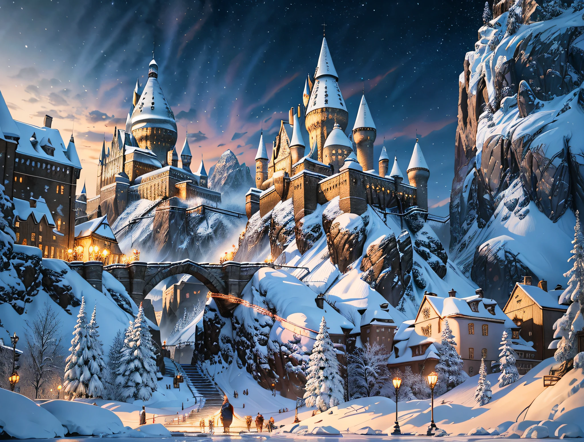 ((masterpiece)), best quality, high quality, ((extremely detailed CG unity 8k wallpaper)),(fantasy), traditional market full of crowd ((bazar)), backside view, winter season, snowy environment, magic movie style, harry potter movie style, 3D Digital Paintings, award winning photography, Bokeh, dynamic lighting, Depth of Field, cinematic, HDR, bloom, Chromatic Aberration ,Photorealistic, extremely detailed, trending on artstation, trending on CG society, Intricate, High Detail, dramatic, art by midjourney