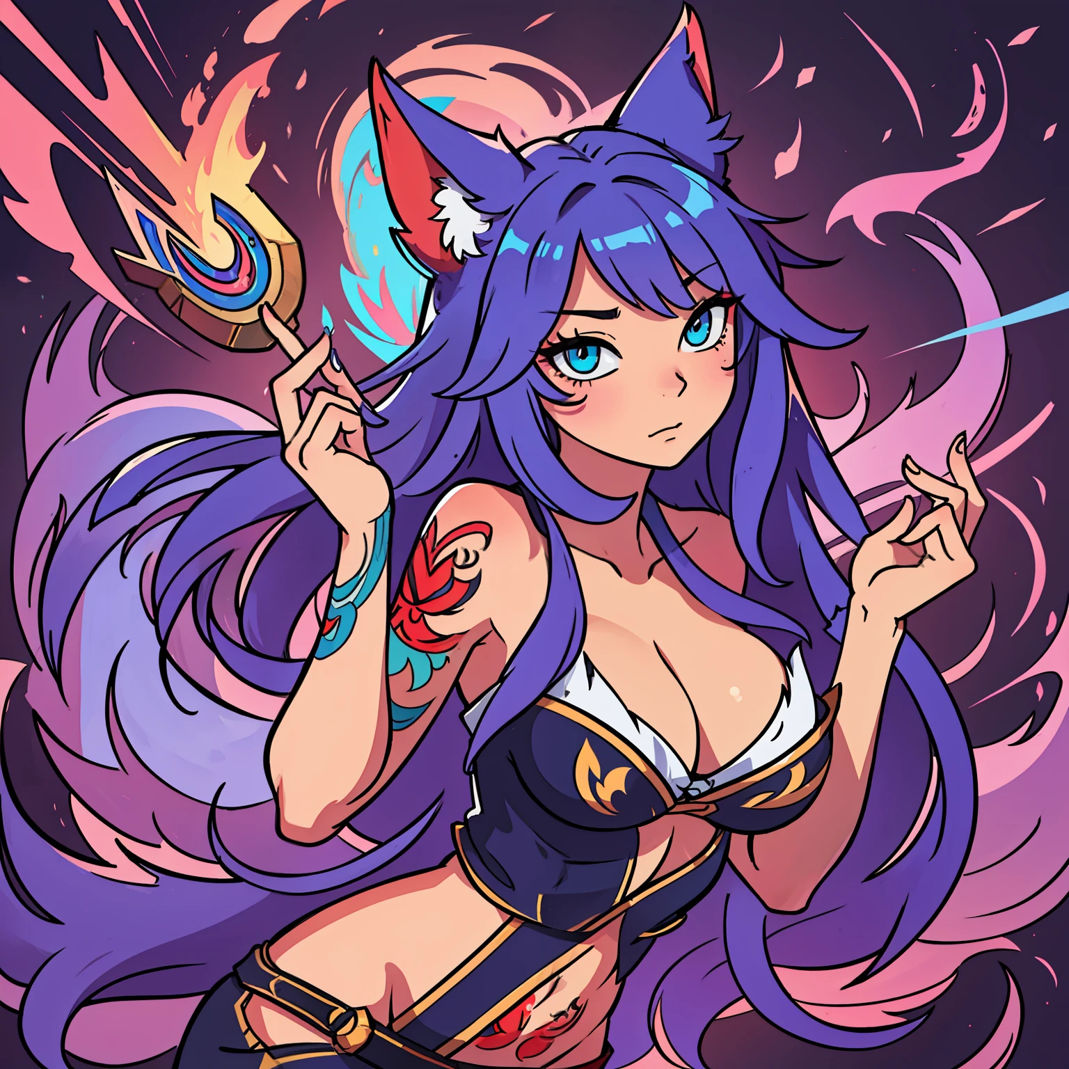 ahri lol, such traits as from neo traditional tattoos, traces of graffiti, aggressive thick strokes, drawing, digital painting, 2 dimensions, ultra detailed