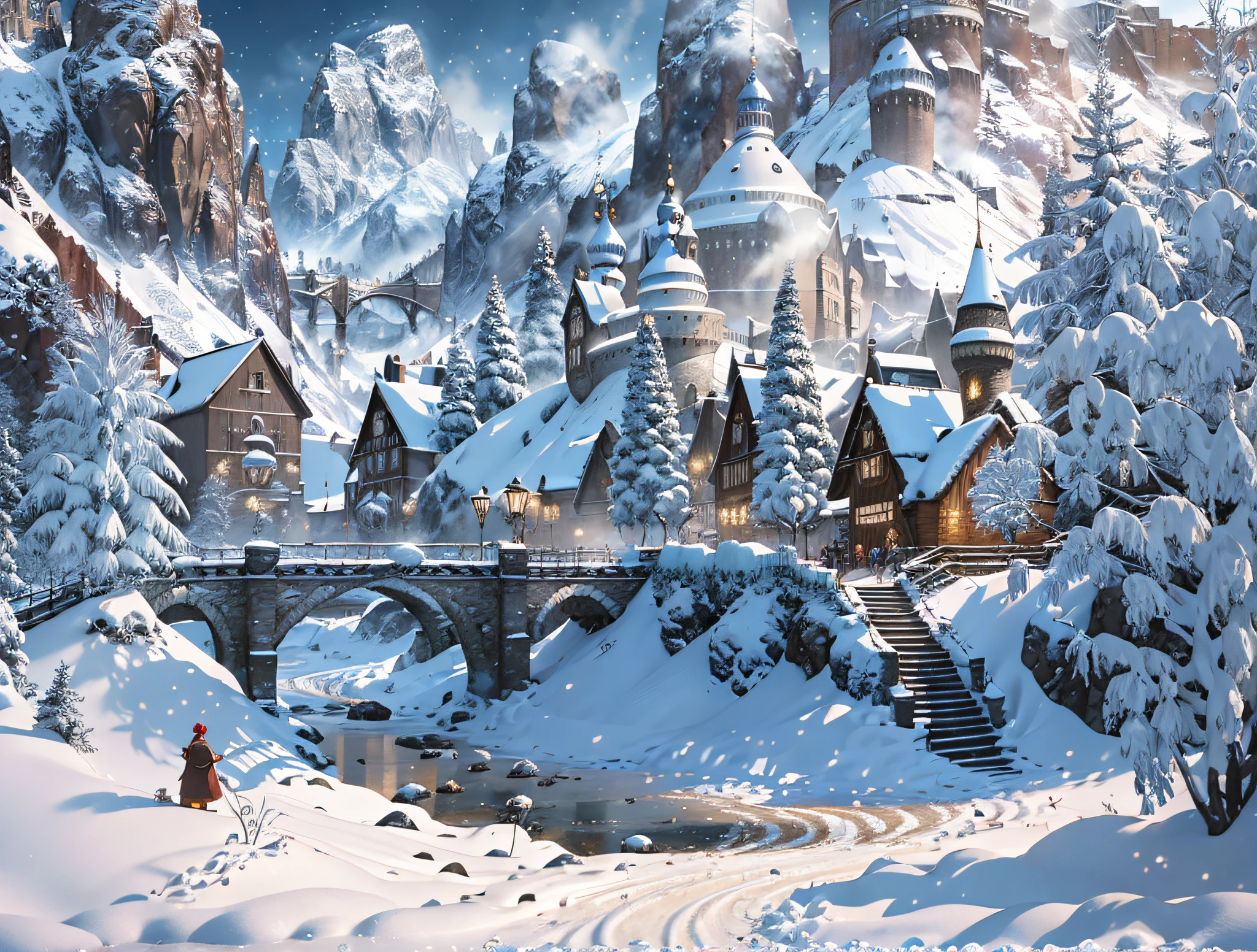 ((masterpiece)), best quality, high quality, ((extremely detailed CG unity 8k wallpaper)),(fantasy), traditional market full of crowd ((bazar)), backside view, winter season, snowy environment, magic movie style, harry potter movie style, 3D Digital Paintings, award winning photography, Bokeh, dynamic lighting, Depth of Field, cinematic, HDR, bloom, Chromatic Aberration ,Photorealistic, extremely detailed, trending on artstation, trending on CG society, Intricate, High Detail, dramatic, art by midjourney