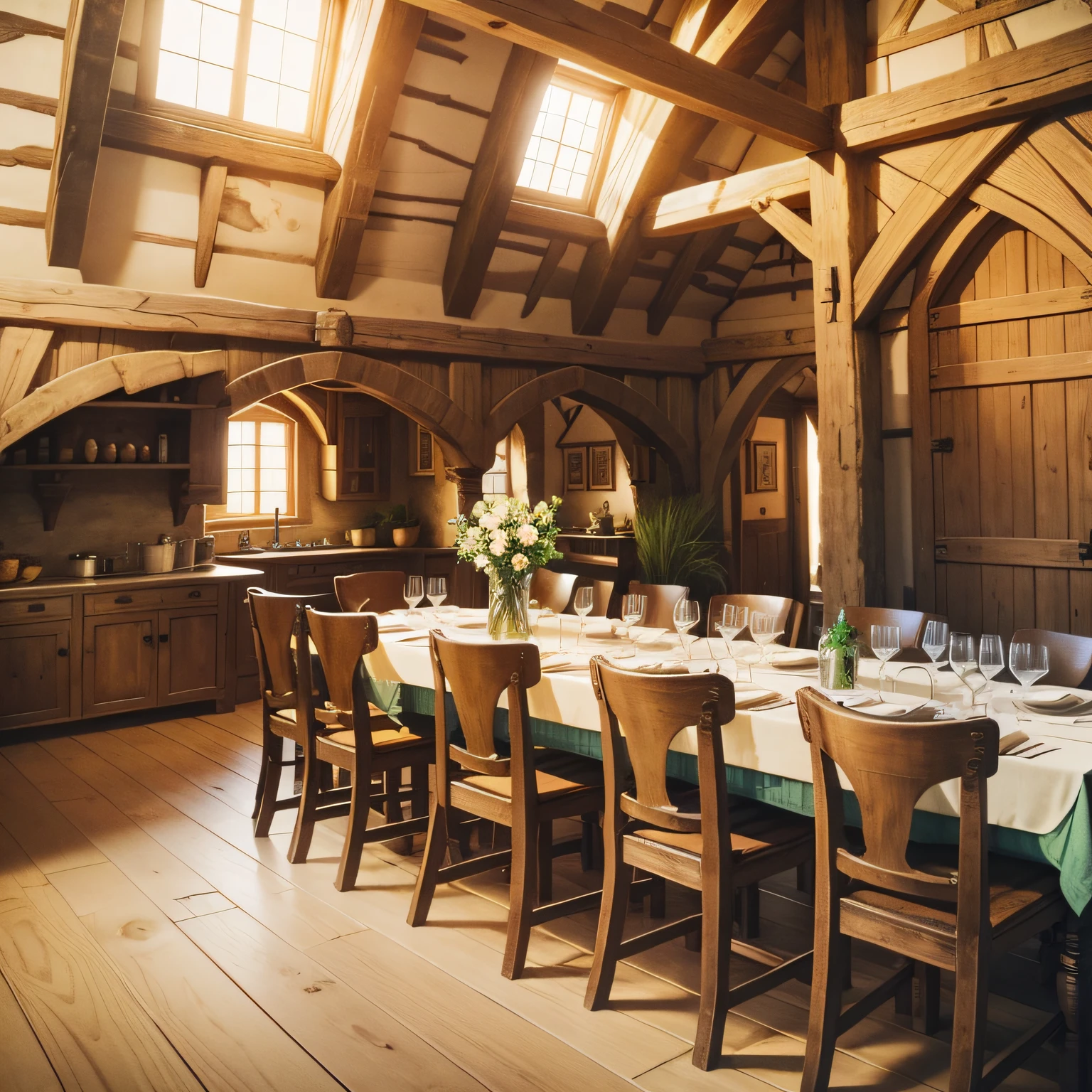 Rural, Medieval, inn, indoors, humble, tables, chairs, dinner plates, quadratic, pivix --auto --s2
