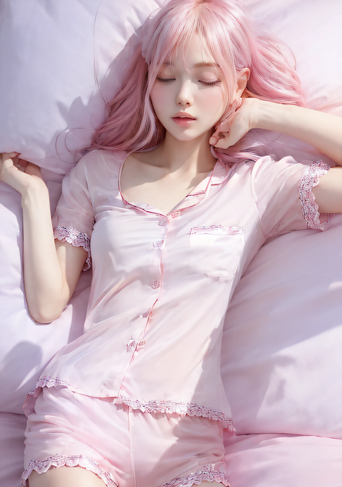 "((((Realistic)))), (Female)))), straight from real life, (hair_pink)with silver and pink hair, (pijama_pink)(((Sleeping in bed wearing transparent pink and white short-sleeved pajamas and short pants)))), photorealistic detail image, 8K artgerm Bokeh, photorealistic, young sensual gravure idol