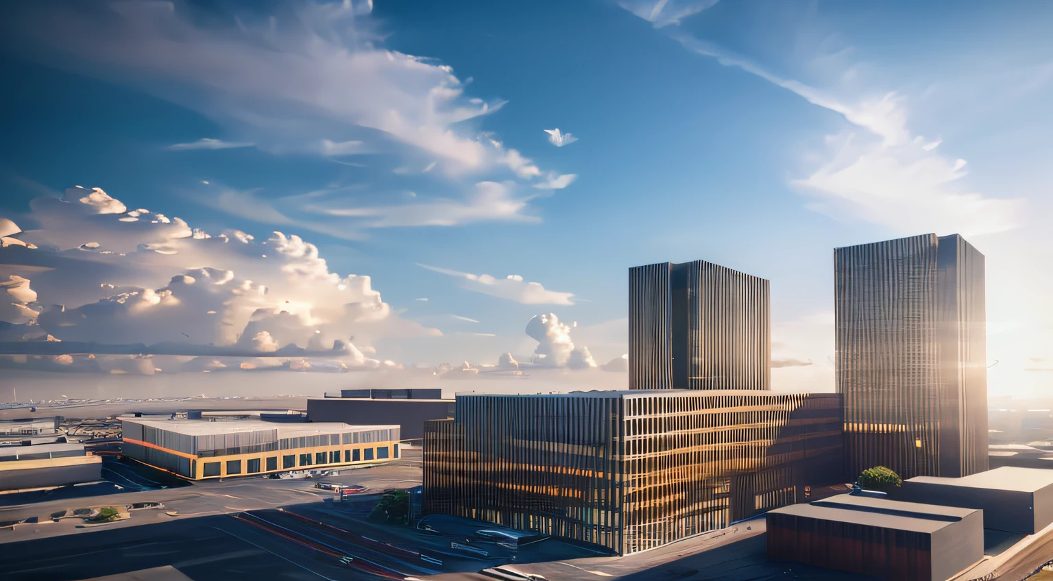 (masterpiece, best quality)), daylight, factories, photorealistic. cinematic lighting. dramatic lighting. , 8k, modern architecture style, realistic photo, hyper detailed photo, sky with clouds