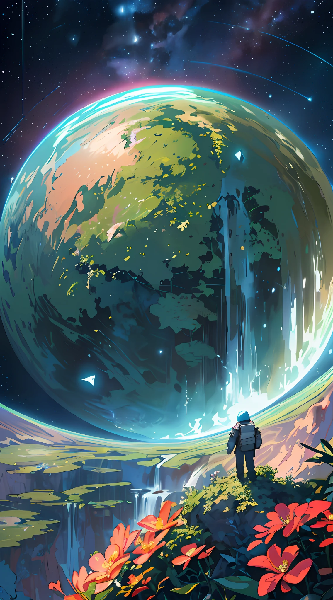 Hyper realistic 8k, ultra detailed, (Best Quality digital illustration Masterpiece of planet Earth in outer space), ((No Man)) (Beautiful planet Earth Illustration), (vivid Green nature and vegetation), (small birds flying), (flowering plants), ((waterfall)), (Bright Stars), (Hyperdetail, Dynamic Camera), (Wide Angle), (Celestial Lighting), (Vivid Colors and Saturation), (trending on artstation,