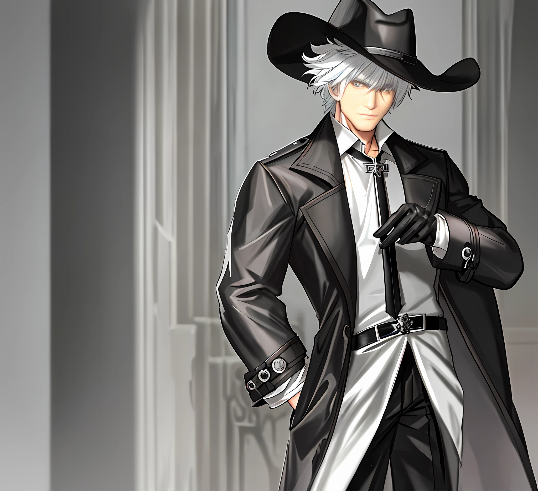 Straight medium white hair, gray eyes, muscular, looking at the viewer, cross necklace, black trench coat, black homburg hat, black gloves, cowboy shot, male, masterpiece