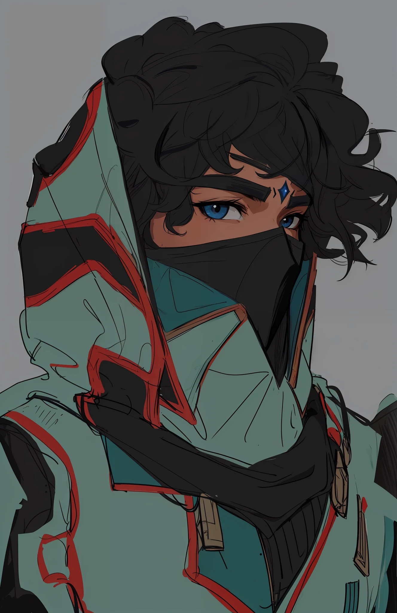a drawing of a person with a scarf on and a hood on, unknown artstyle, sage ( valorant ), jett from valorant, portrait of a dnd character, concept headshot art, sketchy artstyle, trigger anime artstyle, detailed character portrait, afrofuturism anime, but the armor covers her face, portrait dnd, colored sketch, highly detailed exquisite fanart