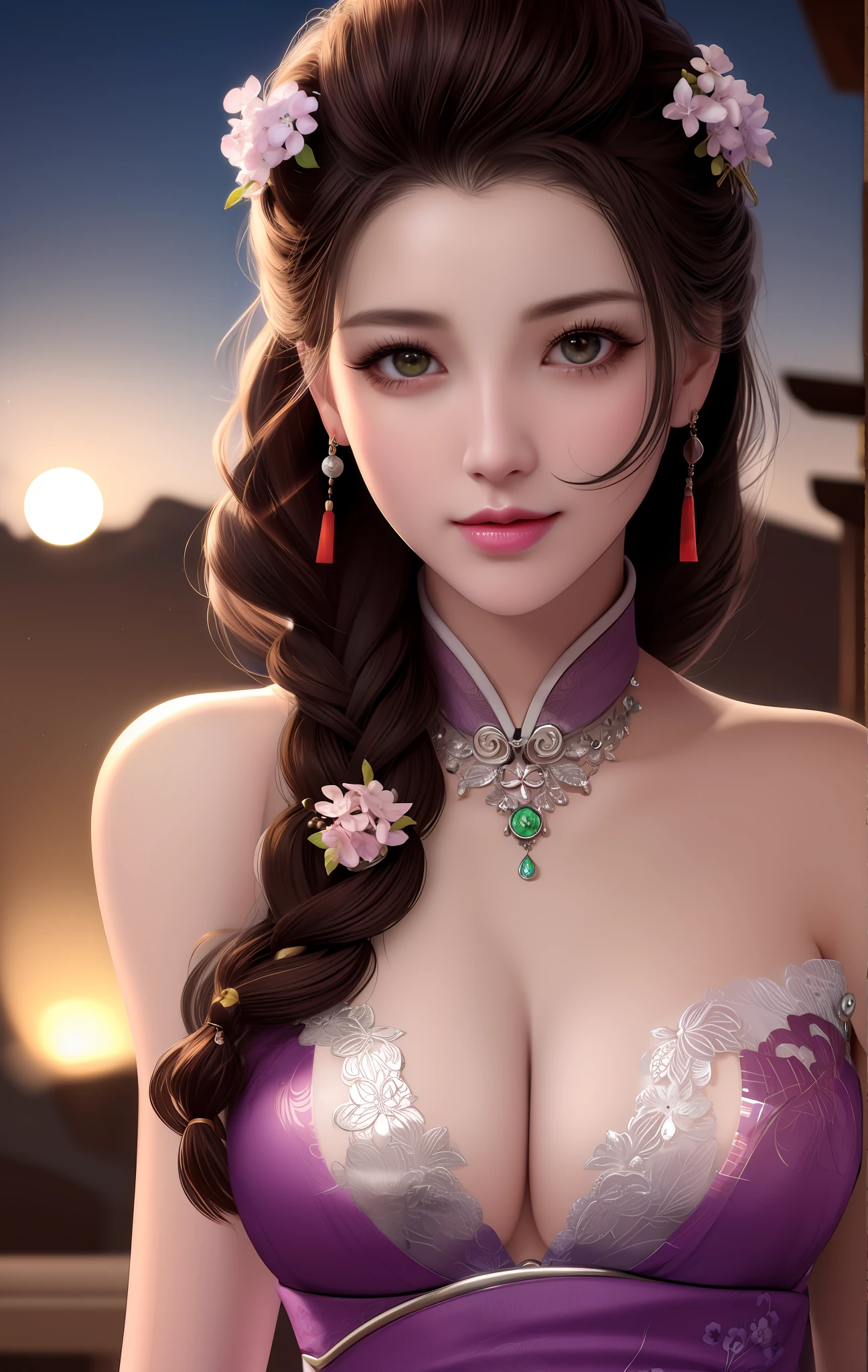 best quality, masterpiece, Upper body, night, full moon, 1 girl, mature woman, Chinese style, ancient China, sister, imperial sister, smile, dark brown hair, dark hair, princess cut, a Fried Dough Twists braid, coiled hair, double ball head, light pink lips, calm, intellectual, middle hair, green eyes, hairpin, hydrangea, fine face, facial close-up, hand close-up, Beautiful face, photorealistic, rim lighting, two tone lighting, (high detailed skin:1.2), 8k uhd, dslr, soft lighting, high quality, volumetric lighting, Photograph, high resolution, 4k, 8k, Bokeh, (nsfw:1.2), purple hair color,