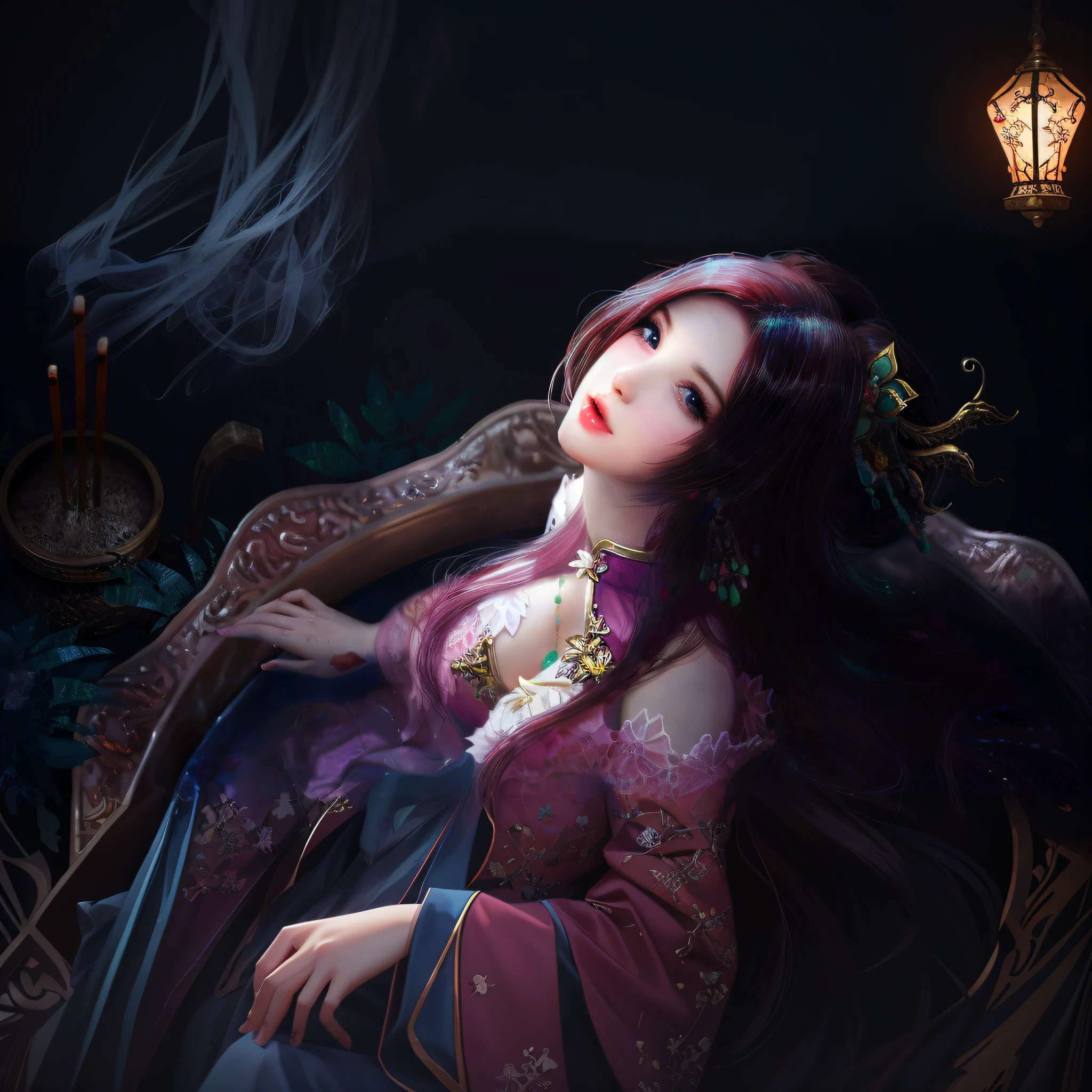 there is a woman with long hair sitting in a chair, a character portrait by Yang J, trending on cg society, fantasy art, beautiful character painting, beautiful alluring anime woman, beautiful fantasy art, beautiful digital artwork, digital fantasy art ), a beautiful fantasy empress, beautiful fantasy art portrait, artwork in the style of guweiz