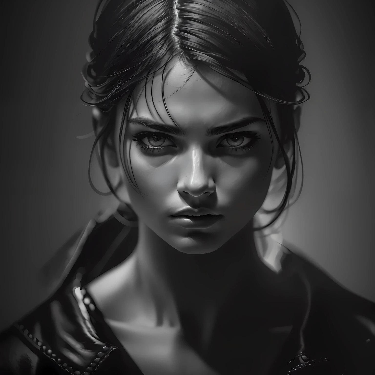 (extremely detailed, best quality, masterpiece), dark and moody portrait, fine art, high contrast lighting, dramatic shadow, (1) person, intense gaze, angular features, black and white, shallow depth of field, (texture:1.2)
