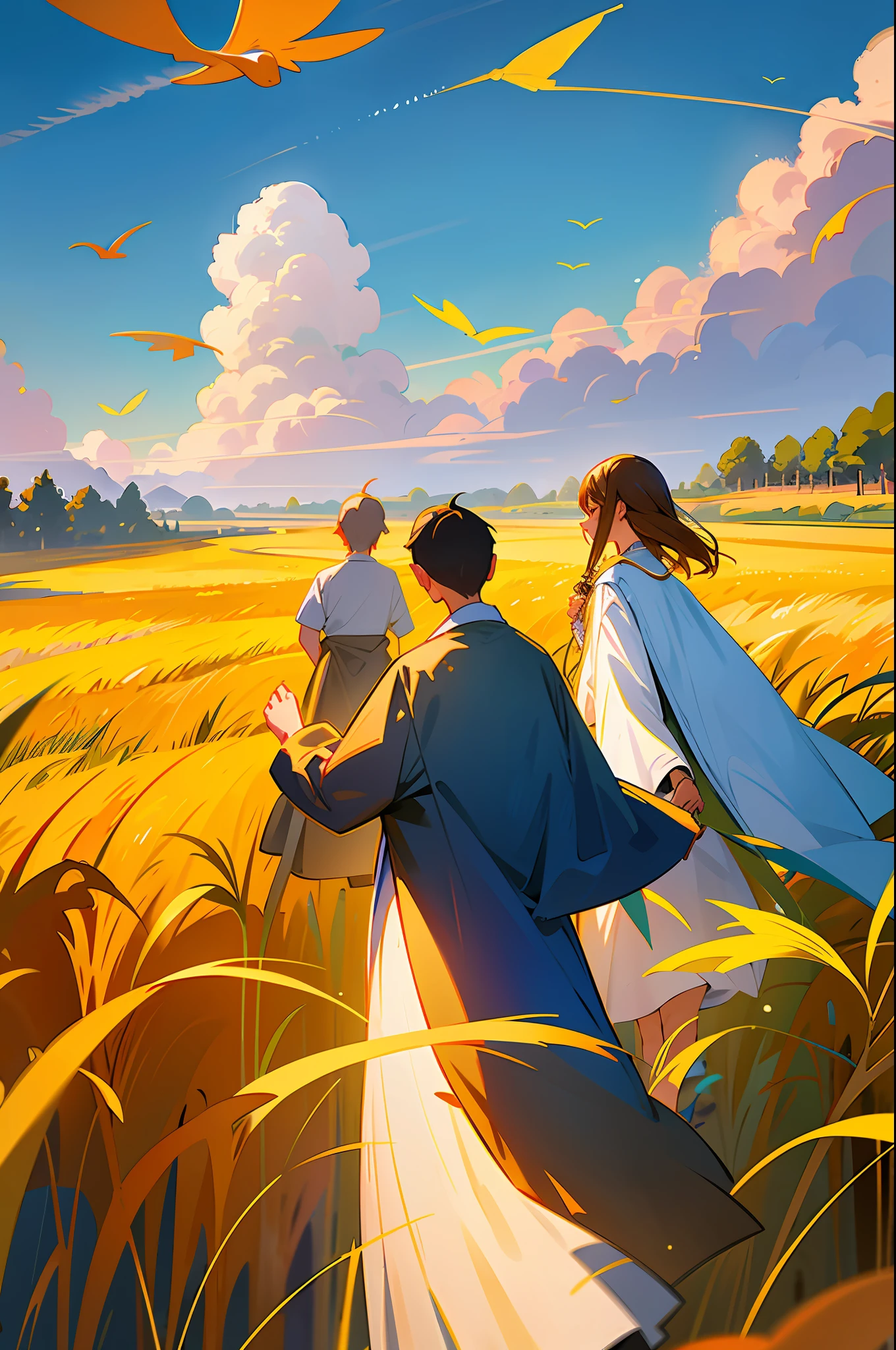 By the lake, a group of christians reunidos em um culto ao ar livre em meio as arvores, A lush forest surrounds a tranquil lake with sparkling water reflecting the blue sky and white clouds. Families picnicking in the shade and enjoying the summer. In the distance, the golden wheat fields sway with the wind, like a golden ocean. Um pastor está pregando a palavra de Deus atras de um pulpito de madeira, On the other side of the field, some young people are flying kites, and the colorful kites are dancing in the blue sky, animais passeiam tranquilamente.