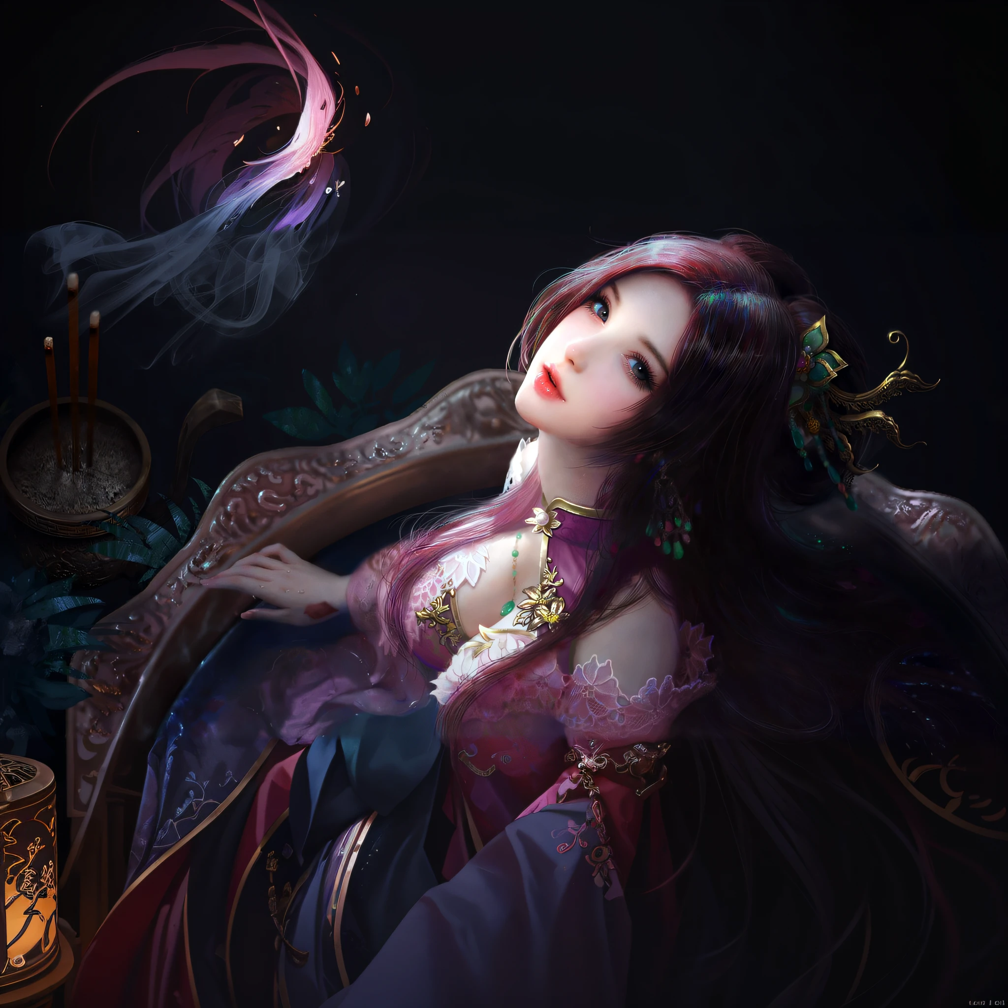 there is a woman with long hair sitting in a chair, a character portrait by Yang J, trending on cg society, fantasy art, beautiful character painting, beautiful alluring anime woman, beautiful fantasy art, beautiful digital artwork, digital fantasy art ), a beautiful fantasy empress, beautiful fantasy art portrait, artwork in the style of guweiz