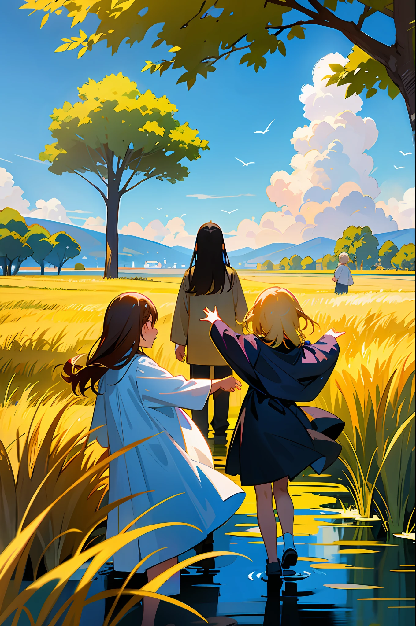 By the lake, a group of christians reunidos em um culto ao ar livre em meio as arvores, A lush forest surrounds a tranquil lake with sparkling water reflecting the blue sky and white clouds. Families picnicking in the shade and enjoying the summer. In the distance, the golden wheat fields sway with the wind, like a golden ocean. Um pastor está pregando a palavra de Deus atras de um pulpito de madeira, On the other side of the field, some young people are flying kites, and the colorful kites are dancing in the blue sky, animais passeiam tranquilamente.