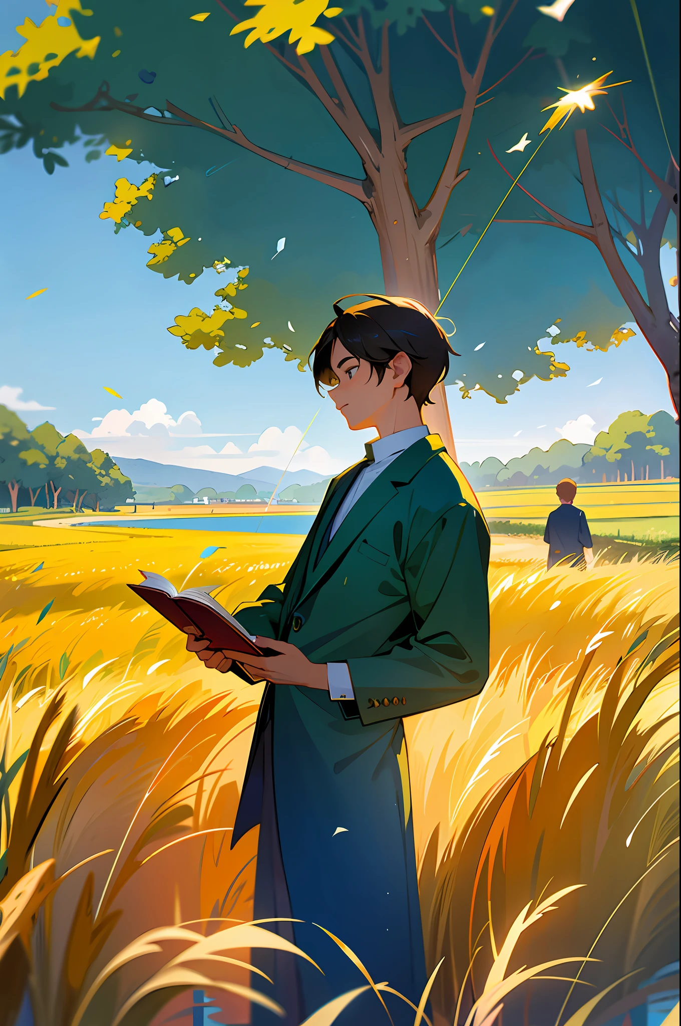 By the lake, a group of christians reunidos em um culto ao ar livre em meio as arvores, A lush forest surrounds a tranquil lake with sparkling water reflecting the blue sky and white clouds. Families picnicking in the shade and enjoying the summer. In the distance, the golden wheat fields sway with the wind, like a golden ocean. Um pastor está pregando a palavra de Deus atras de um pulpito de madeira, On the other side of the field, some young people are flying kites, and the colorful kites are dancing in the blue sky, animais passeiam tranquilamente.