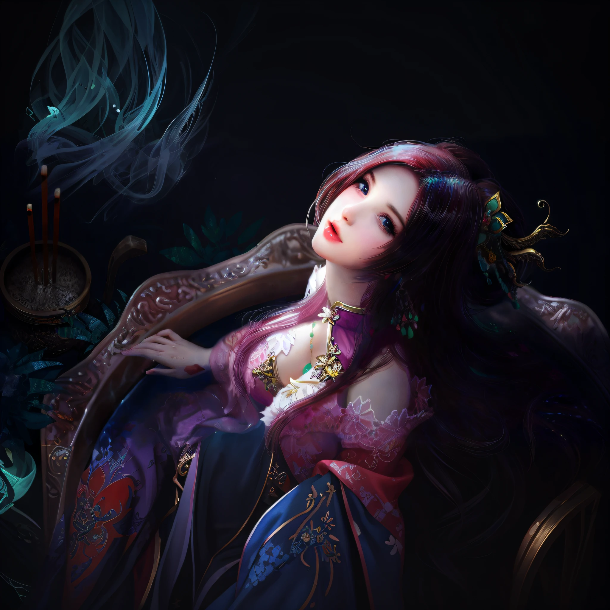 there is a woman with long hair sitting in a chair, a character portrait by Yang J, trending on cg society, fantasy art, beautiful character painting, beautiful alluring anime woman, beautiful fantasy art, beautiful digital artwork, digital fantasy art ), a beautiful fantasy empress, beautiful fantasy art portrait, artwork in the style of guweiz