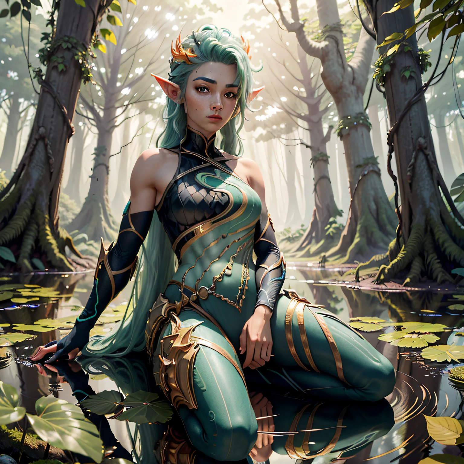 a portrait of a elf girl with freckles and bright striking blue eyes posing for a photo,full body, bare shoulders, muscular, fit, defined abs, thongs, (prominent cameltoe) white freckles, long flowing green hair flying, glowing radiance, beautiful pale makeup, color portrait, stunning portrait, elegant freckles, wearing black thongs with glowing runes of power, black gloves, star-shine, gold dust spread across her skin and her face, (dark, hyper-realistic photos (((portrait))) refraction ,Dark background of magical night forest, deep woods, towering ruins, starlight skies, A mystical and epic landscape, featuring a fantastical and surreal world of floating islands, giant trees, and mythical creatures, that transport the viewer to a world of imagination and wonder, artstation, digital art, intricate, trending, bright colors suitable for viewing in public places A masterpiece, the best quality, stunning reflections, the best reflections ever. (very detailed CG unity 8k wallpapers), (best quality), (best illustrations), (best shadows), forest theme with natural elements. Tall trees, quiet streams, small glowing mushrooms surrounded by delicate leaves and branches, with fireflies and glowing particle effects,, (natural elements), (jungle theme), (leaves), (twigs), (fireflies), butterflies, (delicate leaves), (glow), (particle effects). , Isometric 3D, Octane Rendering, Ray Traced, Super Detailed (muscular:0.4 ,)BREAK Lagoon dragon kaisa,  BREAK