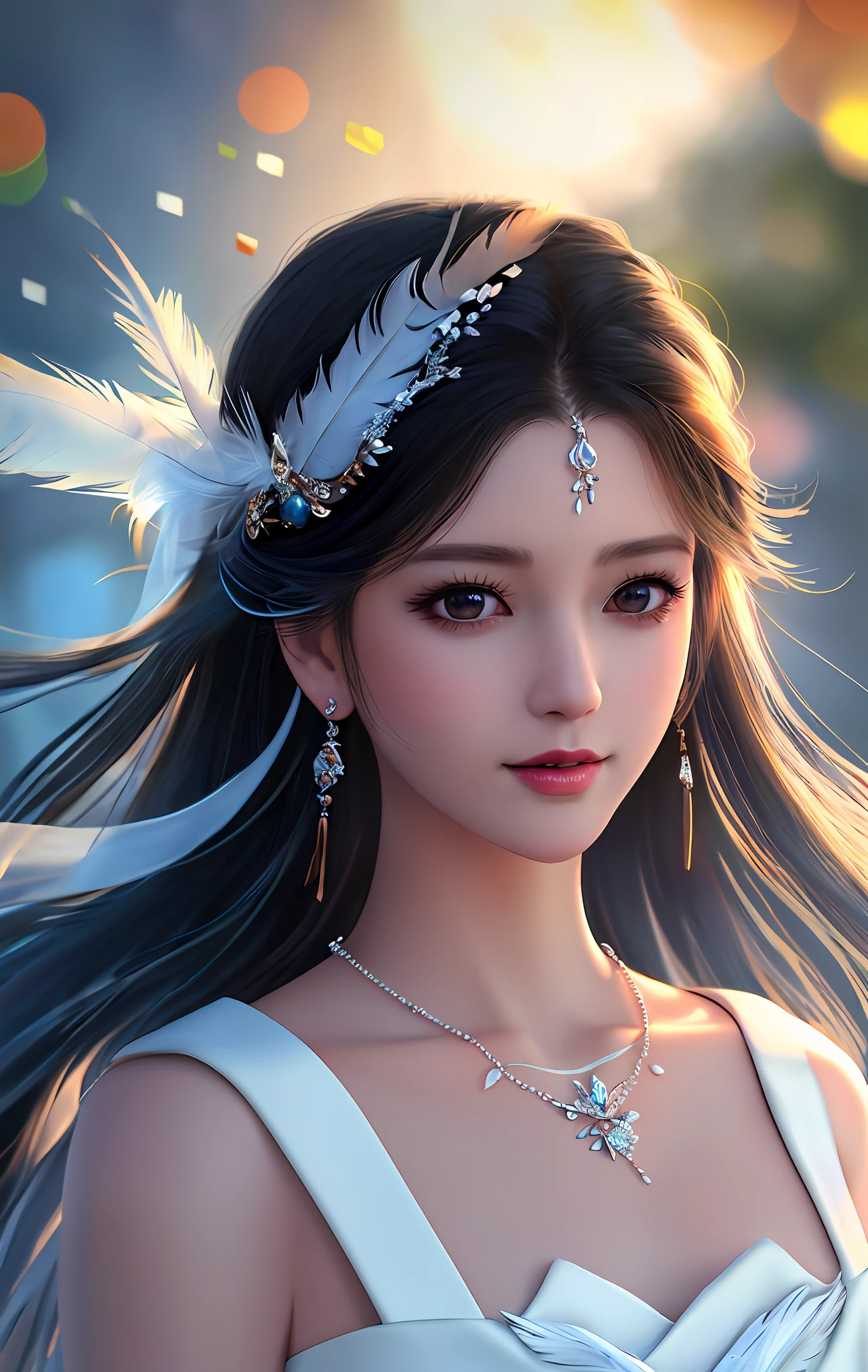 (best quality, masterpiece, high resolution), 1girl,(portrait), white transparent silk china dress, smile, closed mouth,lips, dress, hanfu, necklace, jewelry, long hair, earrings, Beautiful face,upon_body, tyndall effect,photorealistic, rim lighting, two tone lighting,(high detailed skin:1.2), 8k UHD, DSLR, soft lighting, high quality, volumetric lighting, candid, high resolution, 4k, 8k, Bokeh, dream forest, feather drop effect, morning, close-up view