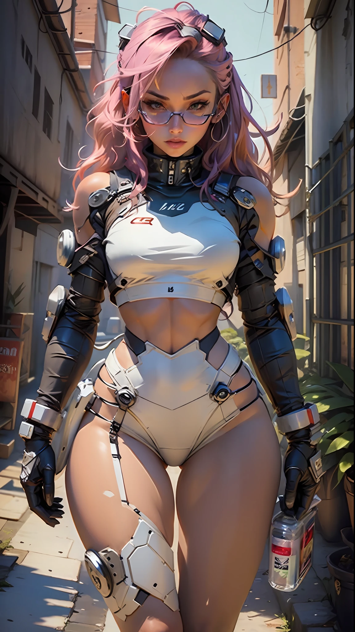 Woman body defined thick thighs cybernetic body parts, short underwear