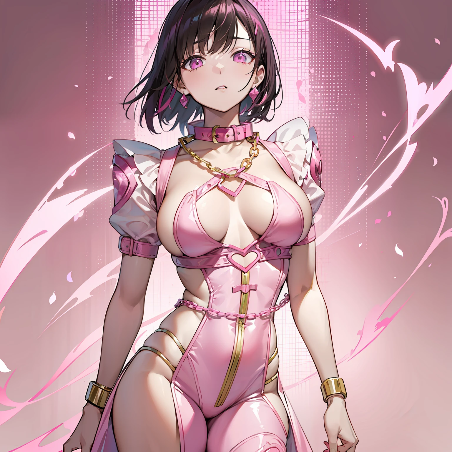 araffed asian woman in pink and white lingersuit with gold chains, pink body harness, ((pink)), slave collar, pink body, 2263539546], harness, loli, 1285445247], sexy :8, wearing collar, collar and leash, straps