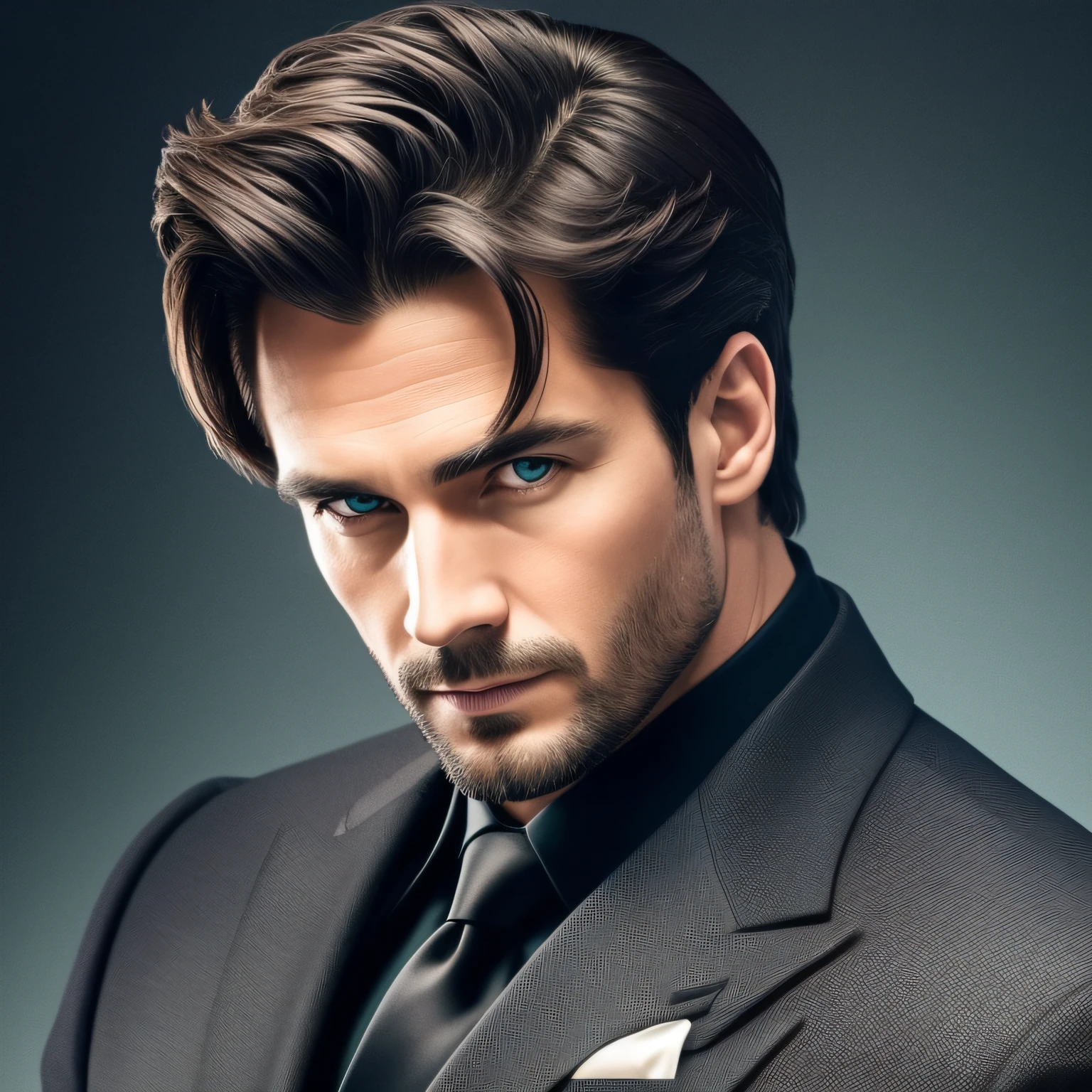 (create a ceo wearing a black suit without a tie), (white with symmetric model face, green well-rounded eyes), not wearing a beard, short brown hair, stylish and elegant, fit and strong body fit in the suit, show full body, man of 40 years old, with some traces of the appearance of actor Tom Cruize, (high quality and realistic image), dark black background, cinematic style, ((Best quality, 8k, Masterpiece). -- he is alone -- --auto --s2