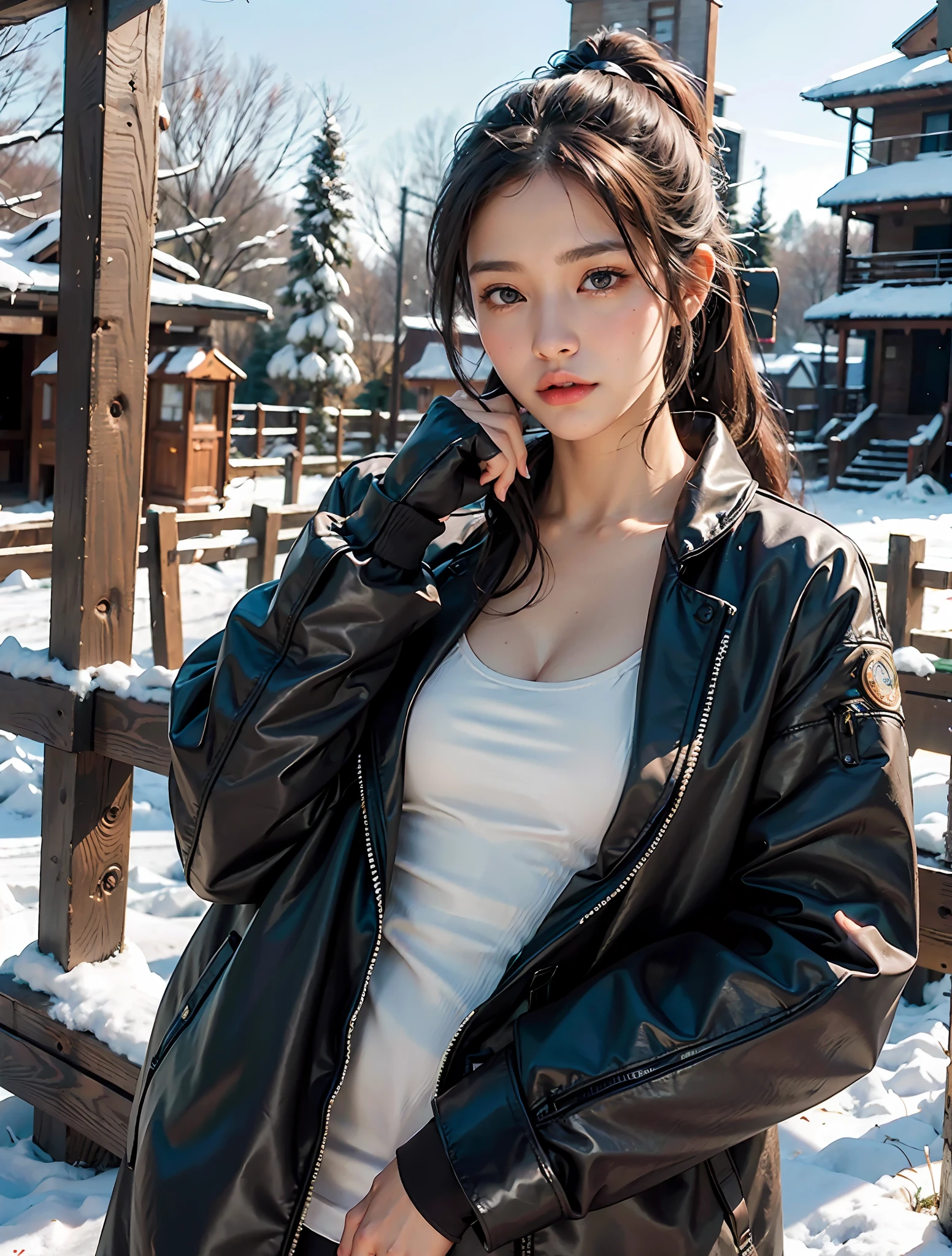 Random posture, mix4,(8k, RAW photo, best quality, masterpiece:1.2), (realistic, photo-realistic:1.37), professional lighting, photon mapping, radiosity, physically-based rendering,, gradient black colour hair, ponytail curly hair, handsome, tomboy girl, warm thick coat,top quality picture, high resolution, 1080p, (clear face), (detailed facial description), (detailed hand description), (masterpiece), (exquisite CG), extreme light and shadow, ponytail hair, master's work, rich details, (fine facial features), (highest quality picture), (masterpiece), (detailed eyes),Look ahead with your eyes,Fine collarbone, warm cozy thick coat, out door, winter, snowy out side, large thigh,full body, boy style,(big ass),(((flat breast))),(small breast),fur coat, ((the whole body covered in warm thick coat)), fur coat,small hand