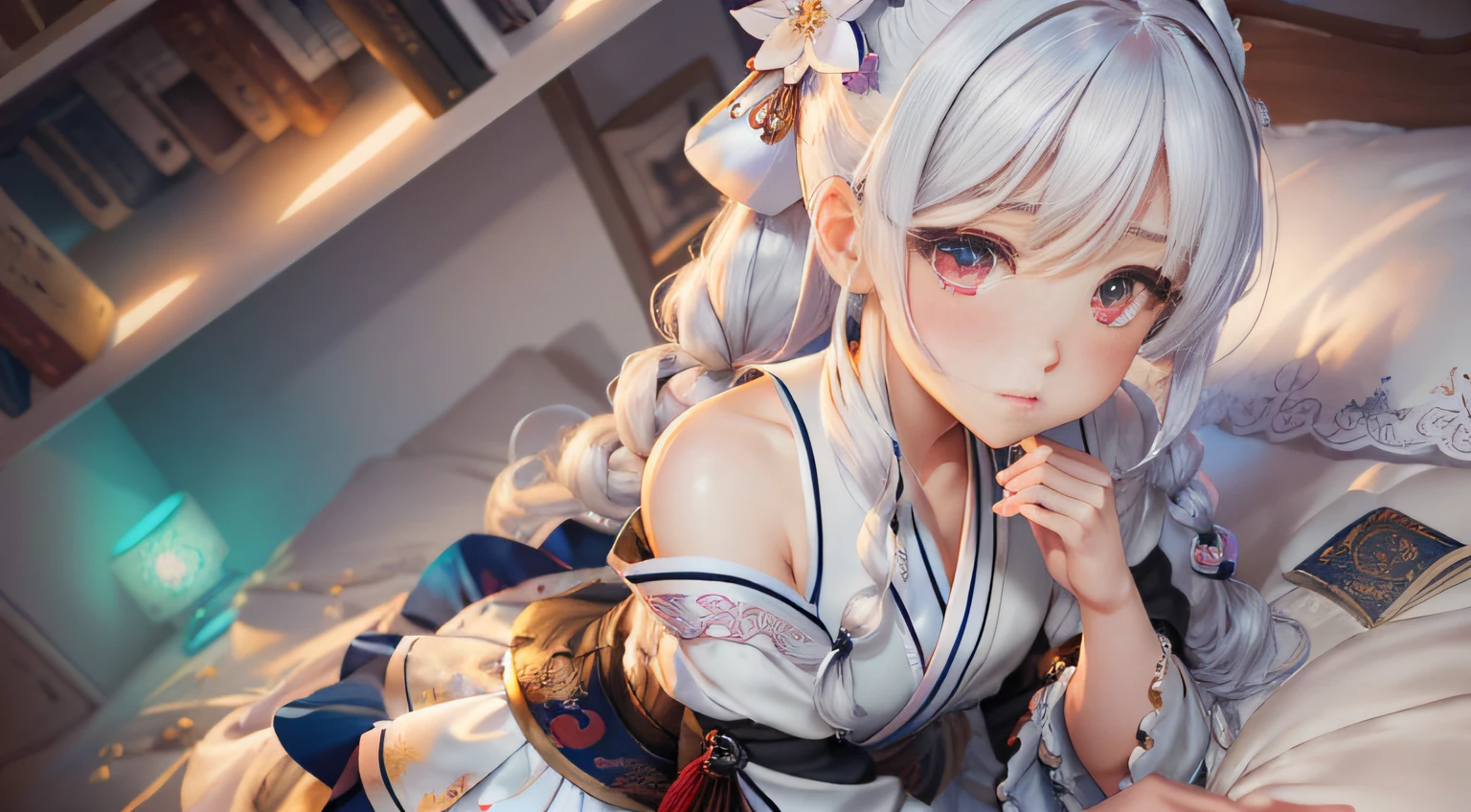 Best Quality, Highly Detailed, Masterpiece, Hyperdetail, Illustration, 1 Girl, Dynamic Angle, World Masterpiece Theater, Best Quality, Extremely Detailed CG Uniform 8k Wallpaper, Ink, Amazing, Movie Lighting, Cute, Short Skirt, Squatting in Bed, Cute Schoolgirl, Surreal Girl, Full Body, Girl, White Stockings, Shy, White Hair, Fine, Want, Messy Hair, Blushing, Seductive Anime Girl, Imperial Sister, From Above, Ink Wind, Wrapped Hanfu, Ice Ling, Conservative Dress, Beautiful Face, Ultra Detail, Excellent, Double ponytail, RAW photo, 8K, highest quality, super high resolution, beautiful face details, color expression, front view, long hair, high quality avatar, ass --auto --s2