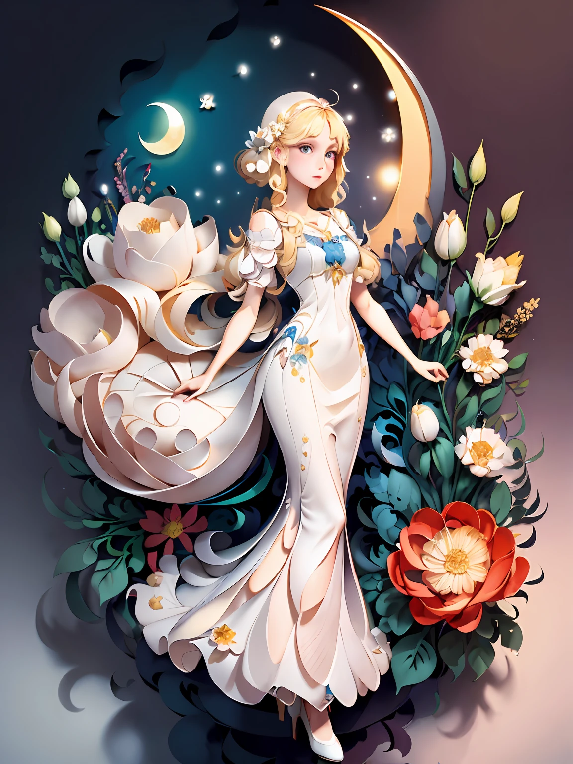 (((masterpiece))),best quality, illustration, Princess, blonde, beautiful, long dress, moon, flowers , paper_cut