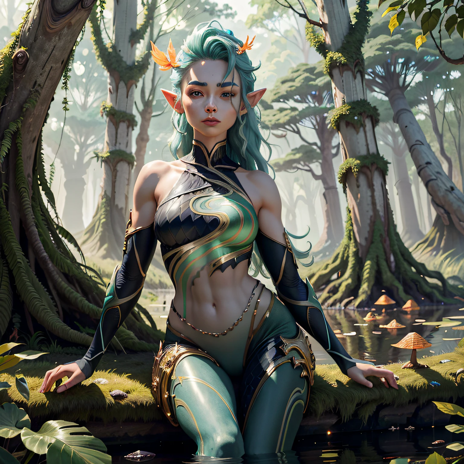 a portrait of a elf girl with freckles and bright striking blue eyes posing for a photo,full body, bare shoulders, muscular, fit, defined abs, thongs, (prominent cameltoe) white freckles, long flowing green hair flying, glowing radiance, beautiful pale makeup, color portrait, stunning portrait, elegant freckles, wearing black thongs with glowing runes of power, black gloves, star-shine, gold dust spread across her skin and her face, (dark, hyper-realistic photos (((portrait))) refraction ,Dark background of magical night forest, deep woods, towering ruins, starlight skies, A mystical and epic landscape, featuring a fantastical and surreal world of floating islands, giant trees, and mythical creatures, that transport the viewer to a world of imagination and wonder, artstation, digital art, intricate, trending, bright colors suitable for viewing in public places A masterpiece, the best quality, stunning reflections, the best reflections ever. (very detailed CG unity 8k wallpapers), (best quality), (best illustrations), (best shadows), forest theme with natural elements. Tall trees, quiet streams, small glowing mushrooms surrounded by delicate leaves and branches, with fireflies and glowing particle effects,, (natural elements), (jungle theme), (leaves), (twigs), (fireflies), butterflies, (delicate leaves), (glow), (particle effects). , Isometric 3D, Octane Rendering, Ray Traced, Super Detailed (muscular:0.4 ,)BREAK Lagoon dragon kaisa,  BREAK