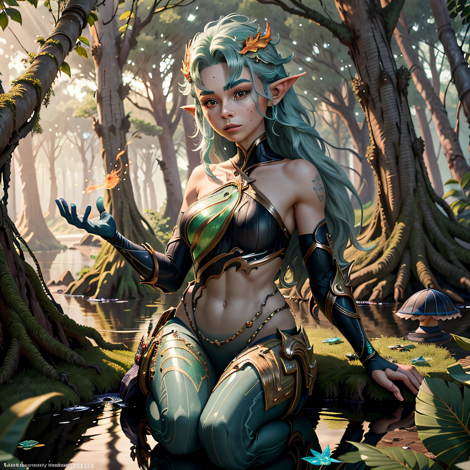 a portrait of a elf girl with freckles and bright striking blue eyes posing for a photo,full body, bare shoulders, muscular, fit, defined abs, thongs, (prominent cameltoe) white freckles, long flowing green hair flying, glowing radiance, beautiful pale makeup, color portrait, stunning portrait, elegant freckles, wearing black thongs with glowing runes of power, black gloves, star-shine, gold dust spread across her skin and her face, (dark, hyper-realistic photos (((portrait))) refraction ,Dark background of magical night forest, deep woods, towering ruins, starlight skies, A mystical and epic landscape, featuring a fantastical and surreal world of floating islands, giant trees, and mythical creatures, that transport the viewer to a world of imagination and wonder, artstation, digital art, intricate, trending, bright colors suitable for viewing in public places A masterpiece, the best quality, stunning reflections, the best reflections ever. (very detailed CG unity 8k wallpapers), (best quality), (best illustrations), (best shadows), forest theme with natural elements. Tall trees, quiet streams, small glowing mushrooms surrounded by delicate leaves and branches, with fireflies and glowing particle effects,, (natural elements), (jungle theme), (leaves), (twigs), (fireflies), butterflies, (delicate leaves), (glow), (particle effects). , Isometric 3D, Octane Rendering, Ray Traced, Super Detailed (muscular:0.4 ,)BREAK Lagoon dragon kaisa, BREAK