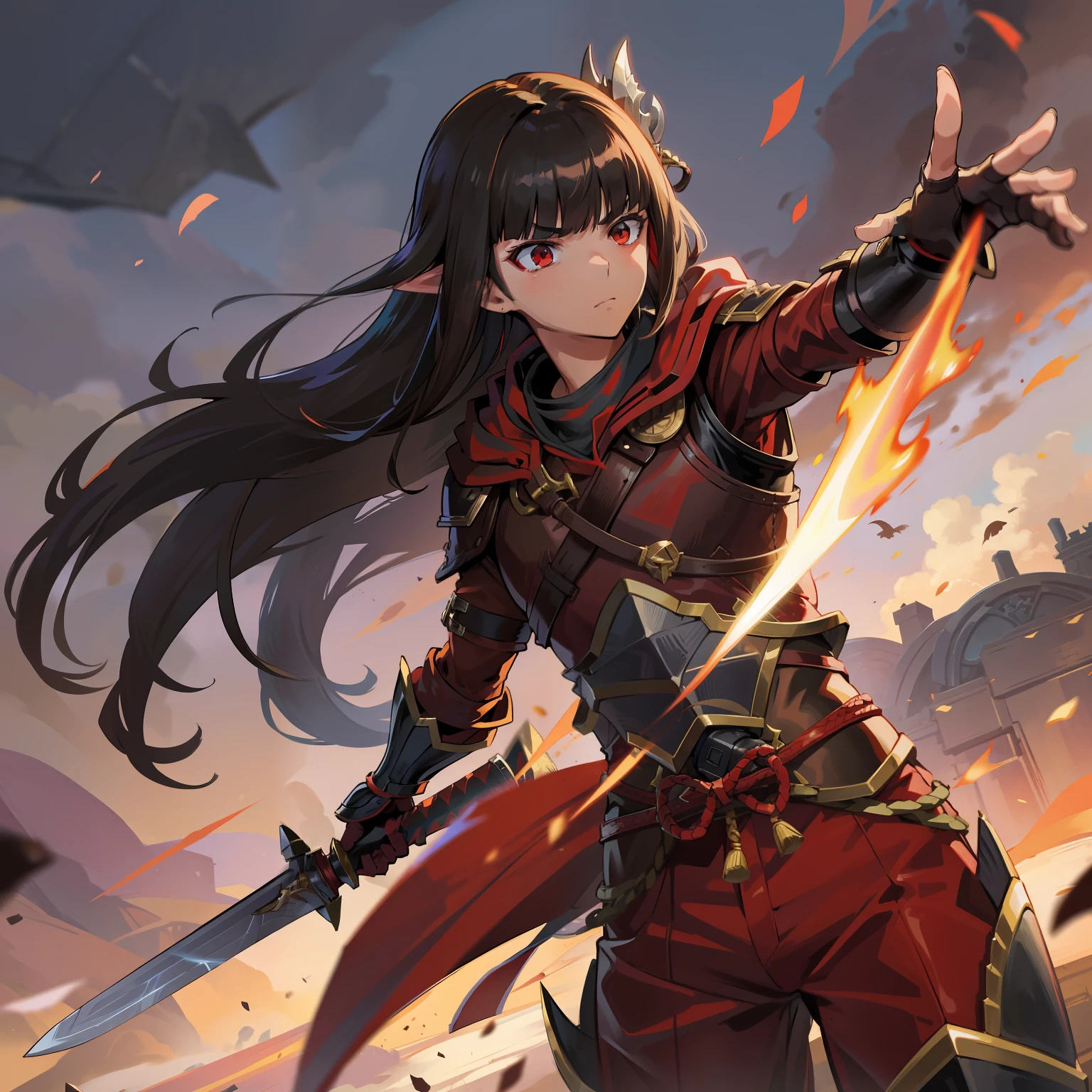 brunette hair, male, red eyes, Serious expression, Monster hunter style, Hand-held sword, Ruffian, high details