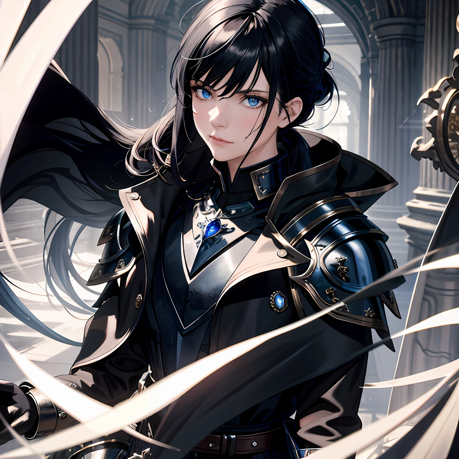 masterpiece, best quality, 1woman, adult, female focus, solo, long black hair, ponytail, vibrant blue eyes, looking at viewer, cape, High quality metal texture, overcoat, closed mouth, upper body, bangs, high collar,(kbxll:0.6), Fantasy aesthetics, Highly detailed, shadowverse style, semi metal armor, metalic black gloves