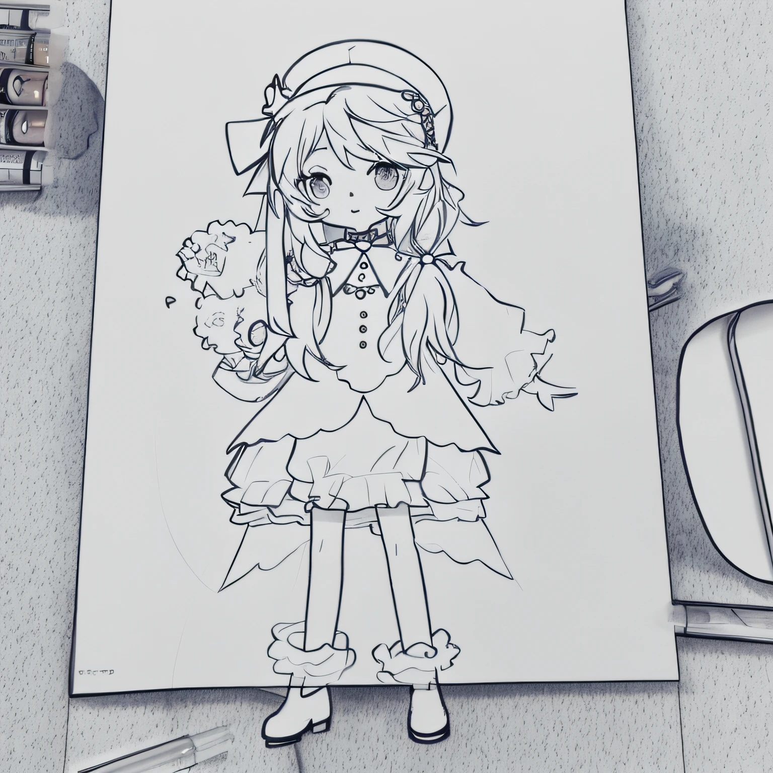 Drawing of a girl in a dress with a hat and bow, silhouette sketch, clean anime silhouette, full body portrait of a small curvy loli, shorts! , line sketch!!, line art, heavy silhouette, flat anime style shadow, anime sketch, ink outline, line art!!, detailed fan art, ink silhouette, anime moe art style, girl, no coloring! Colourless! Pure line drawings!