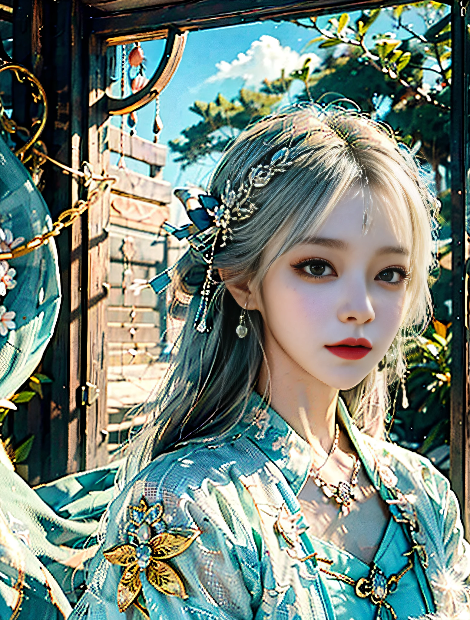 ulzzang-6500-v1.1, (raw photo: 1.2), (photorealistic: 1.4) Top quality, masterpiece, illustration, very delicate and beautiful, very detailed, CG, unity, 8K wallpaper, wonderful, elaborate, masterpiece, top quality, official art, highly detailed CG Unity 8K wallpaper, ridiculous, incredibly absurd, huge file size, ultra high definition, High resolution very fine, beautiful girl in detail, very elaborate eyes and face, beautiful detailed eyes, light on the face, cinematic lighting, (Han clothes), girl, full body, full body shot, see-through, watching viewer, (white) hair), (bliss), close-up of person in green dress with long hair, palace, Han-style girl, detailed art of onmyoji, Qing from Genshin Impact, Ku Lei from Genjin Impact, portrait of an onmyoji, Ren Mei, Yin-Yang Master, Shi Tao, Whole Body Xianxia, Guan Yu, Zhao Yun, Beautiful Character Painting