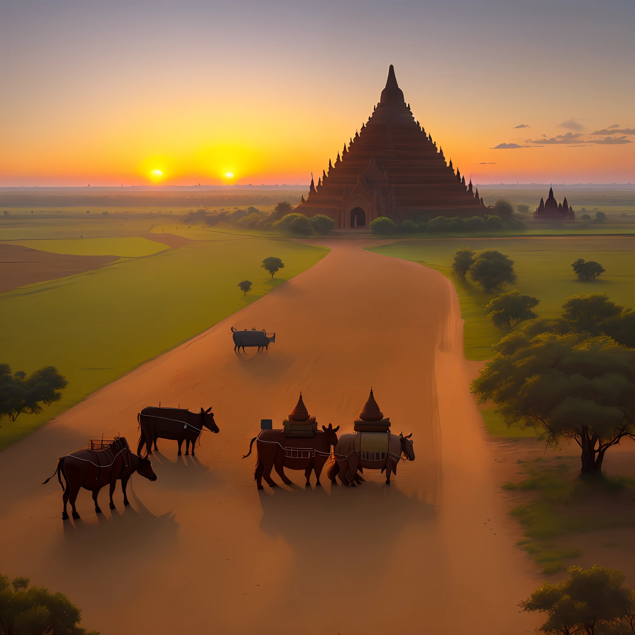 Bagan sunset view with cattle, realistic, detailed
