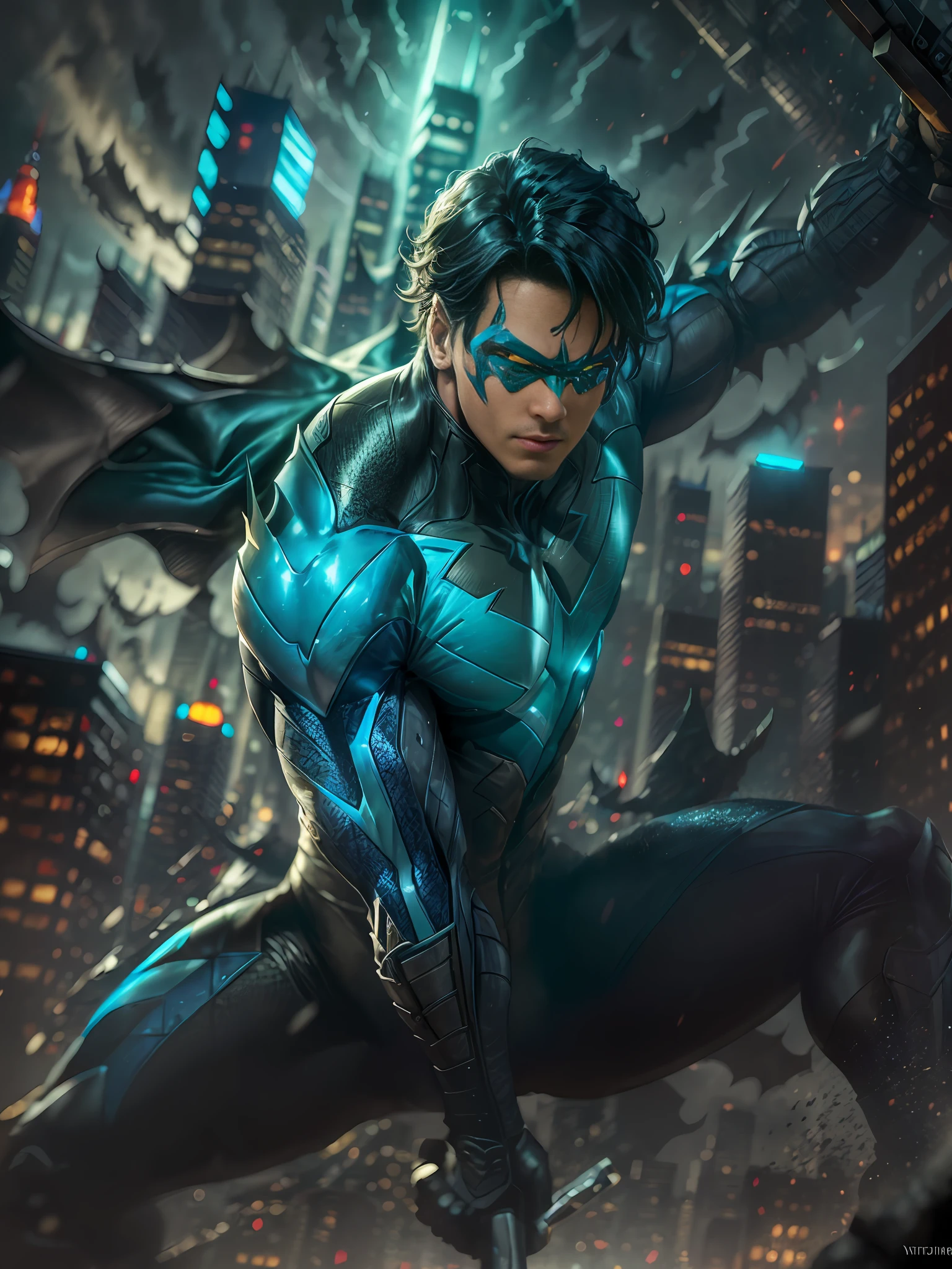Here's an optimized prompt based on Stable Diffusion:

"Expertly executed, high quality render of a dynamic, action-packed scene featuring Nightwing. He's seen acrobatically flipping towards the camera in a confident and stylish pose, emphasizing his sleek and powerful movements. Projections of Gotham's skyline loom in the background, adding to the atmosphere of the piece. Stunning and detailed lighting and shadow effects are used to accentuate the dramatic mood of the image."