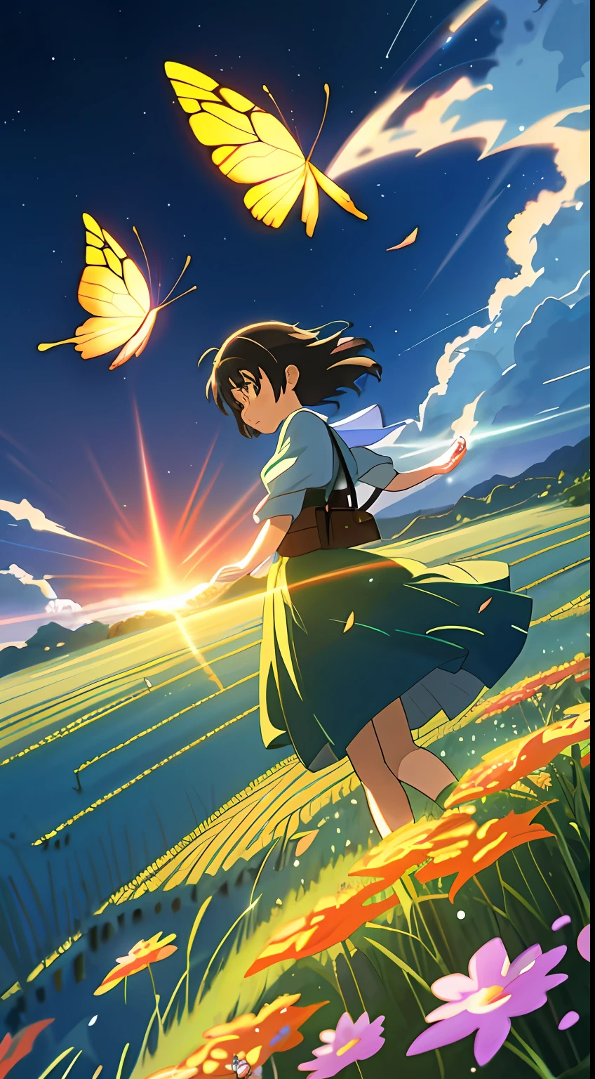 anime girl with butterfly wand and butterfly in flower field, Makoto Shinkai Makoto Siril Rolando, 4 k manga wallpaper, anime art wallpaper 8 K, anime art wallpaper 4k, anime art wallpaper 4k, 4k anime wallpaper, anime wallpaper 4k, anime wallpaper 4k, anime movie background, colorful anime movie background, anime beautiful peace scene romanticism, anime, anime style, cinematic lighting, 8k, super detail, ccurate, best quality, UHD, masterpiece, mango poster design, poster, mangseed, rice field, stream, nature, 1 girl catching butterfly, hayao miyazaki manga style, summer, heal
