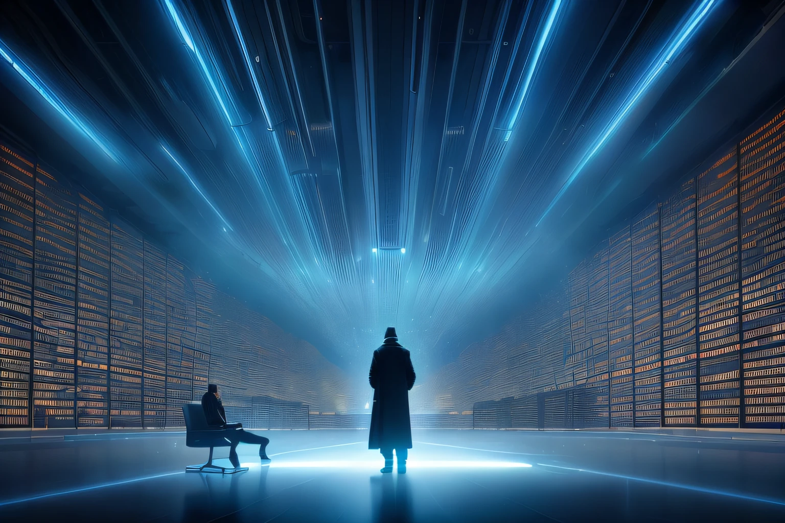 there is a man standing in a room with a chair and a man sitting on a bench, depicted as a scifi scene, dramatic lighting sci fi, blade runner lighting, in a dark futuristic room, in a futuristic arena, futuristic cyberpunk scenario, in lighting of blade runner 2049, futuristic lasers tracing, large cyberarrays data holograms