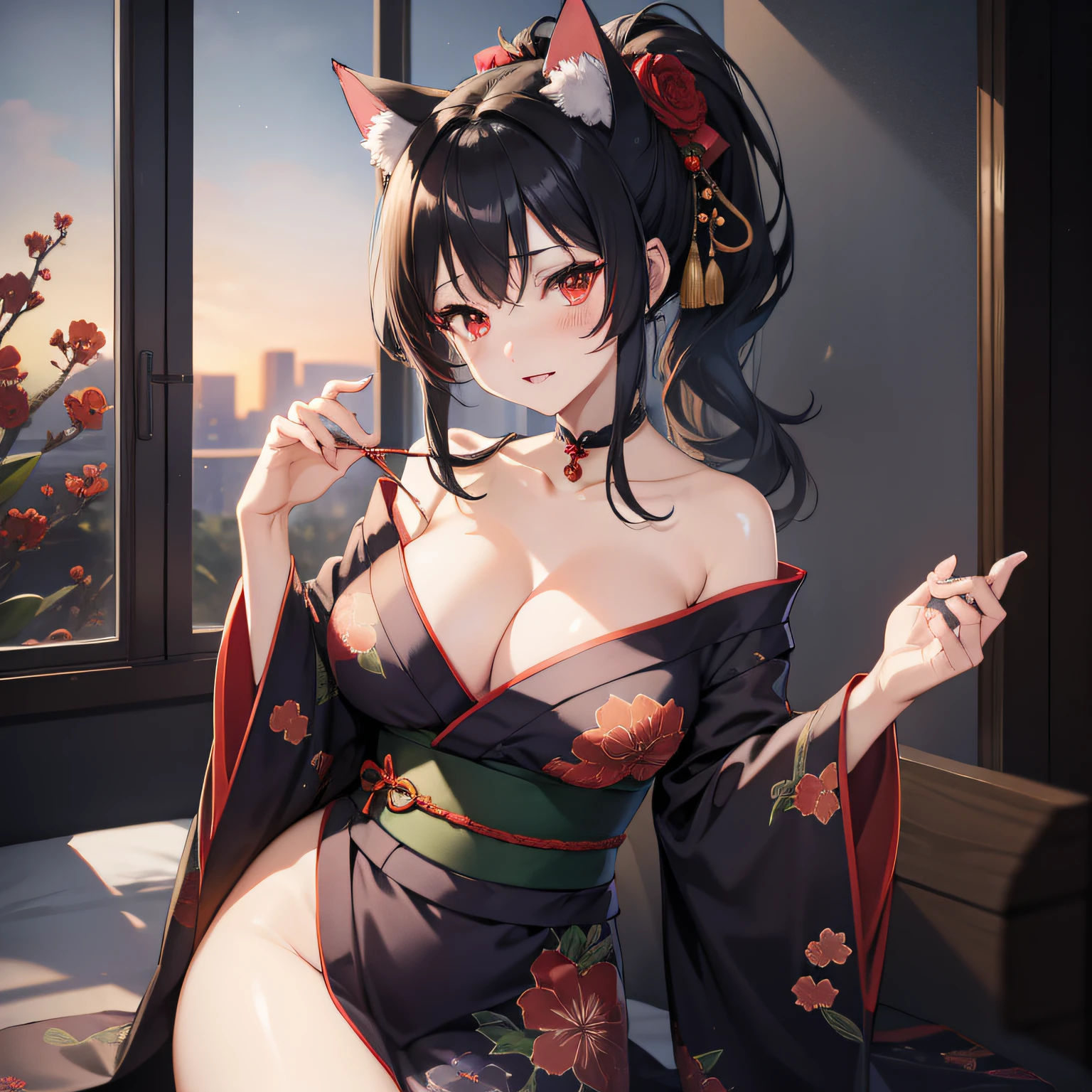 masterpiece, high resolution, high quality, bedroom, night, red kimono, big breasts, cat ears, floral pattern, red eyes, NSFW, black hair, ponytail