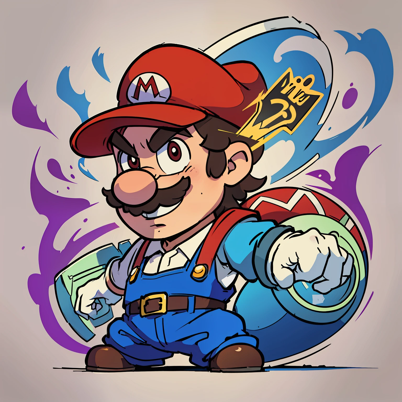 mario from mario world , male character, such traits as from neo traditional tattoos, graffiti traces, aggressive thick strokes, drawing, digital painting, 2 dimensions, ultra detailed