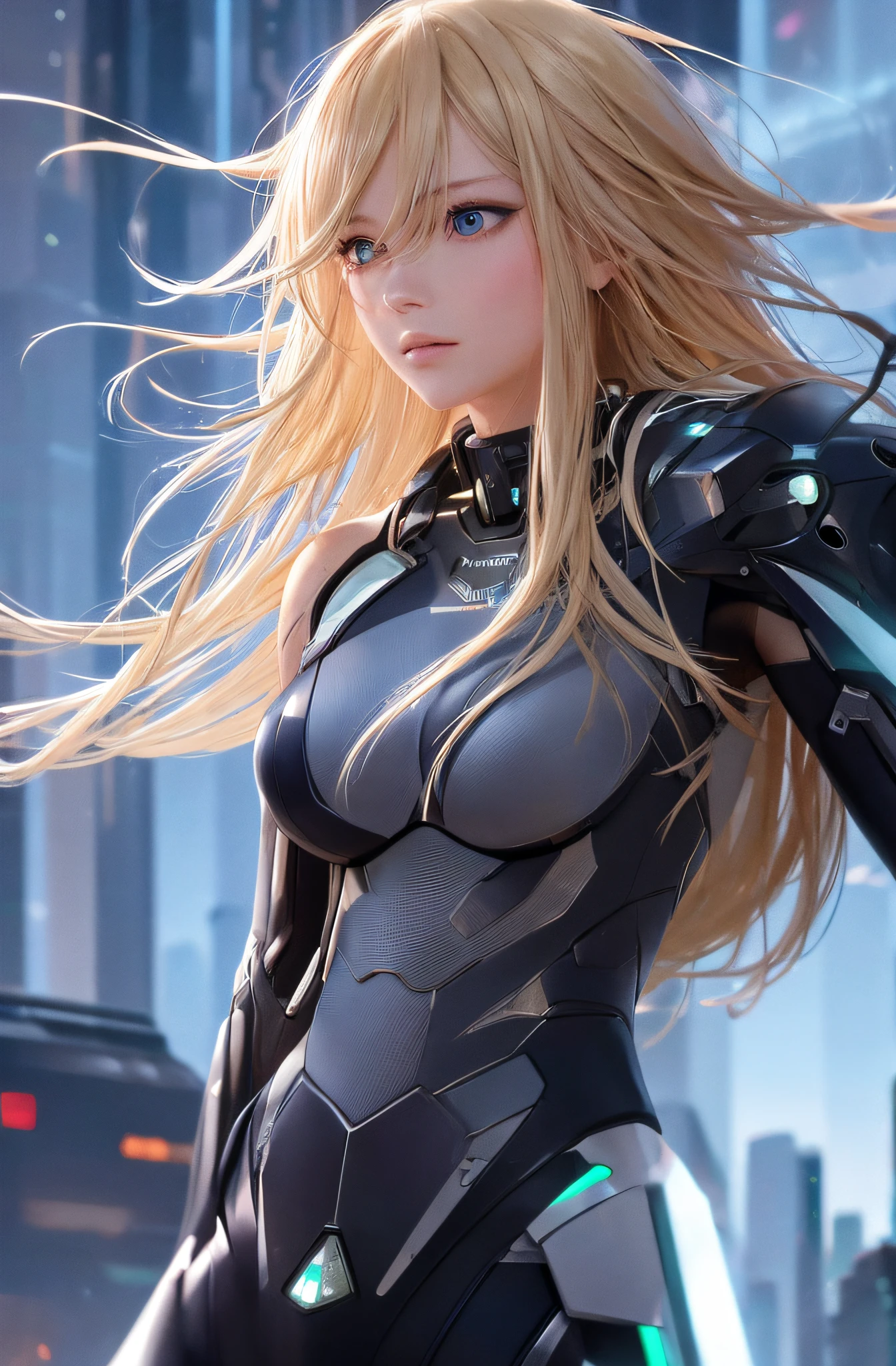 best quality, masterpiece, upper body,
woman, 
windblown blonde hair,
sparkling eyes,
cyberpunk
windy,