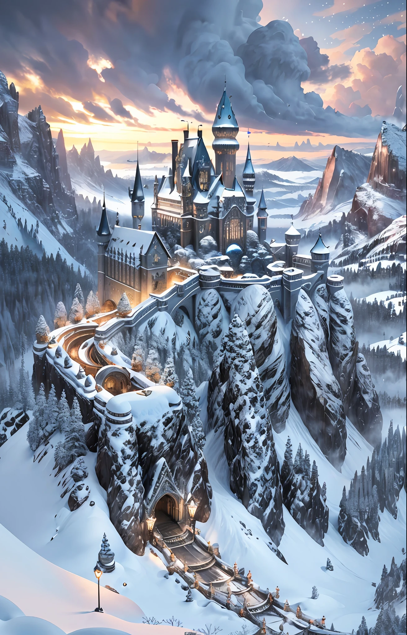 ((masterpiece)), best quality, high quality, ((extremely detailed CG unity 8k wallpaper)),(fantasy), the king palace, Massive castle, front view, winter season, snowy environment, magic movie style, harry potter movie style, 3D Digital Paintings, award winning photography, Bokeh, dynamic lighting, Depth of Field, cinematic, HDR, bloom, Chromatic Aberration ,Photorealistic, extremely detailed, trending on artstation, trending on CG society, Intricate, High Detail, dramatic, art by midjourney