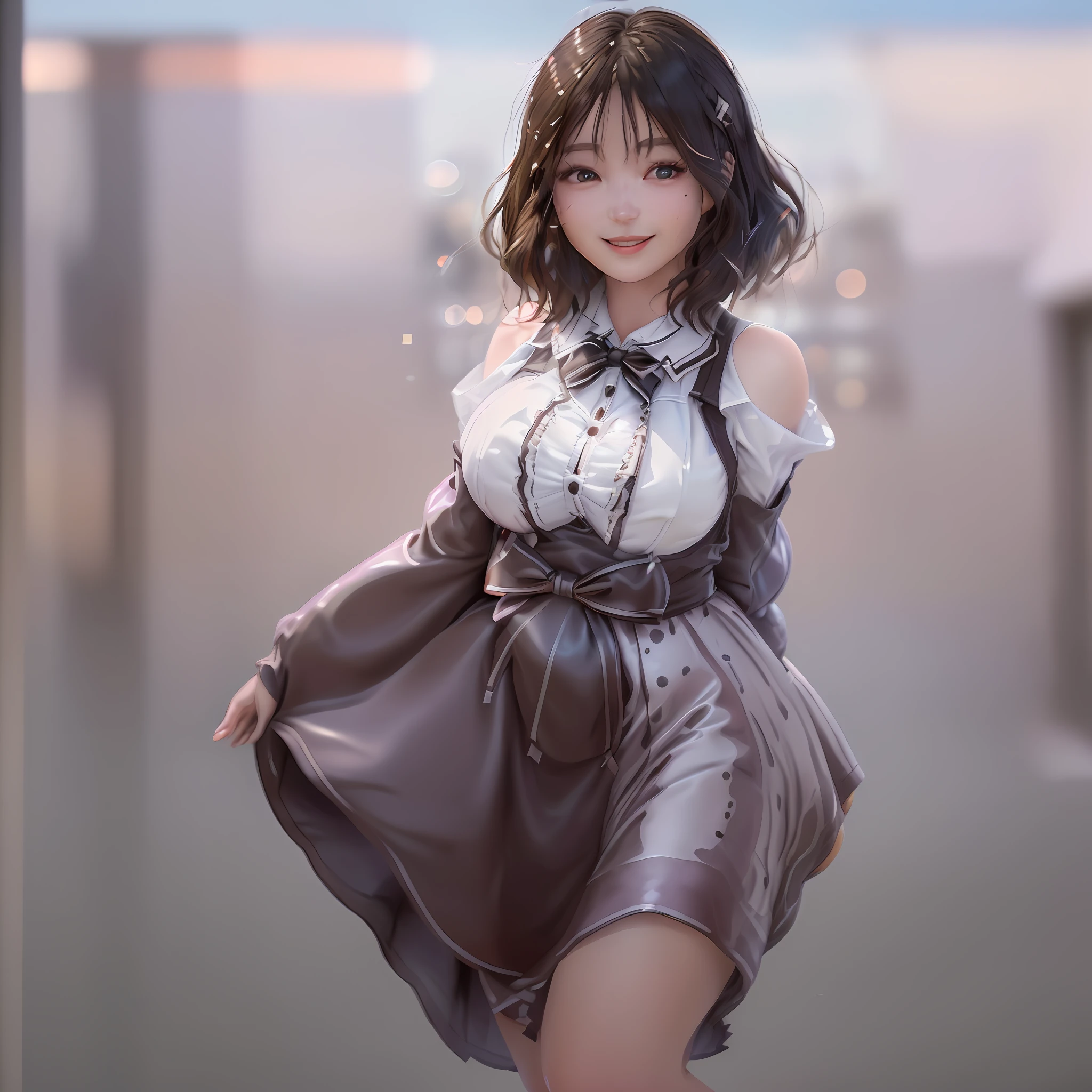 (skin spots: 1.2), (skin dentation), Black eyes, 1 female, 25 years old, ((((Female))), Solo, Real, Best Quality, Photorealistic, Masterpiece, 8K, High Resolution, Solo, Very Detailed Face, (Professional Lighting, Bokeh), (Light Particle, Lens Flare, Luminous Particle: 0.6), (Dynamic Pause: 1.2), Soft Lighting, Top Angle View, fashionable and trendy, Japan, street, urban, Tokyo, Minato, ((daytime)), sky, ((view viewers: 1)), (look at camera), (portrait: 0.6), cowboy shot, gorgeous, standing, broad shoulders, full body, (big breasts), (short hair), brown hair, floating hair, floating hair, braided hair, lips, lipstick, seductive smile, floating hair, smile, open_mouth, teeth , eyelashes, moles, (moles under the eyes: 1), plump body, plump breasts, bursting breasts, big breasts, prom dress, bondage, leather panties