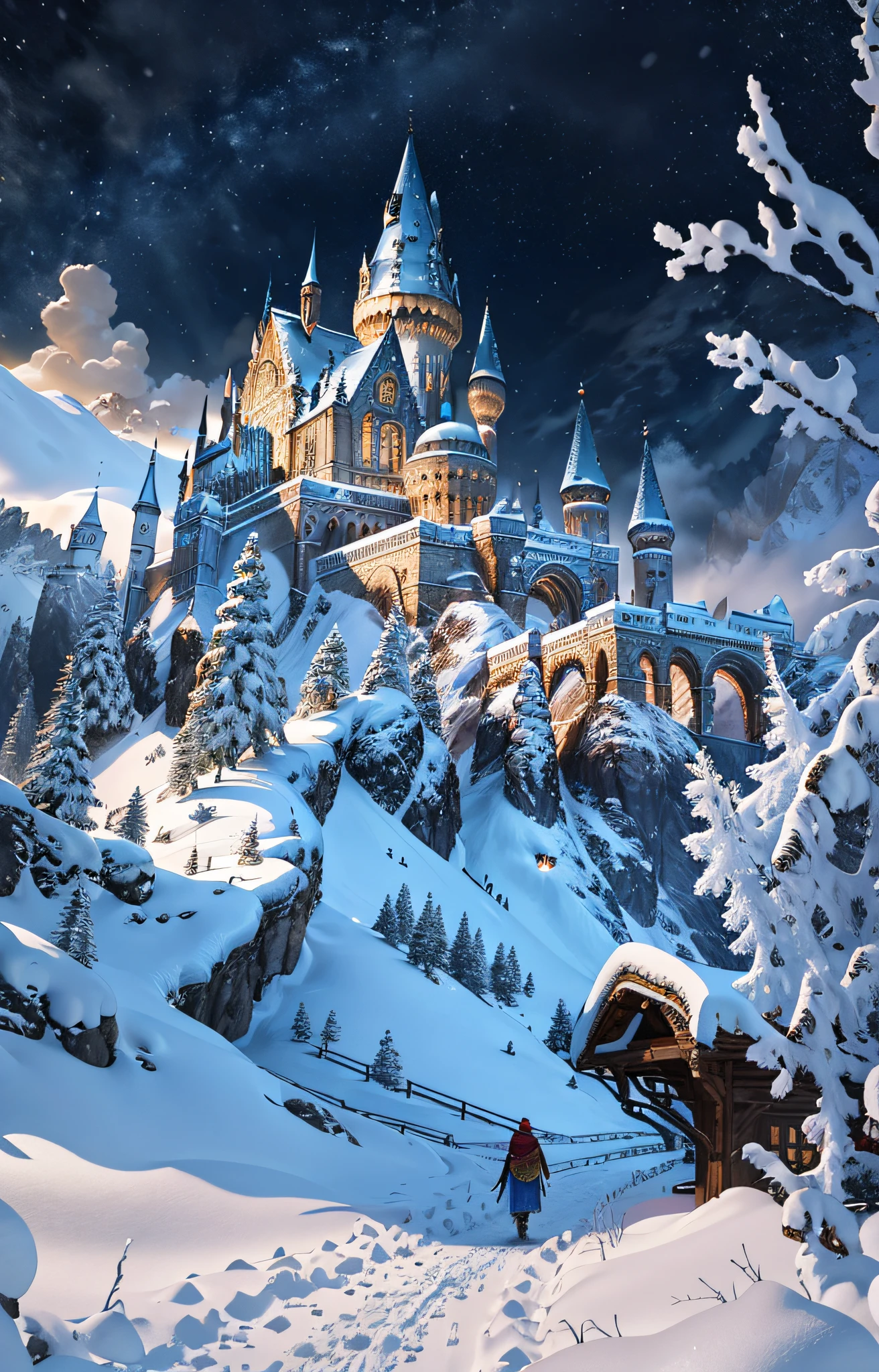 ((masterpiece)), best quality, high quality, ((extremely detailed CG unity 8k wallpaper)),(fantasy), the king palace, Massive castle, front view, winter season, snowy environment, magic movie style, harry potter movie style, 3D Digital Paintings, award winning photography, Bokeh, dynamic lighting, Depth of Field, cinematic, HDR, bloom, Chromatic Aberration ,Photorealistic, extremely detailed, trending on artstation, trending on CG society, Intricate, High Detail, dramatic, art by midjourney