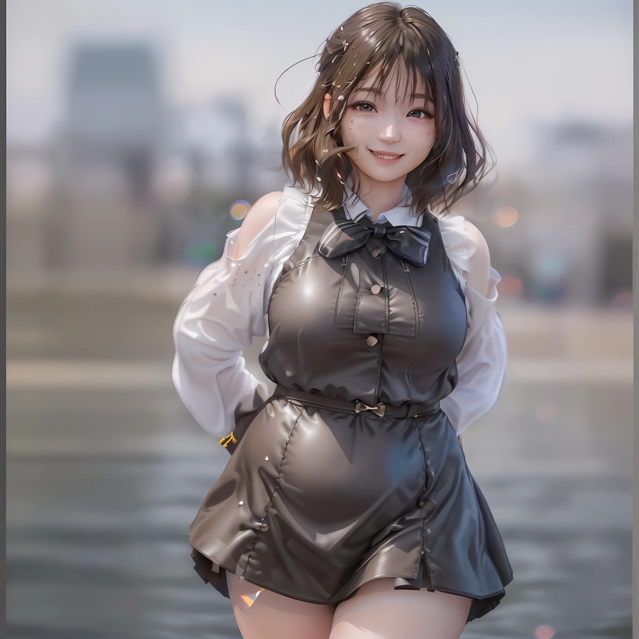 (skin spots: 1.2), (skin dentation), Black eyes, 1 female, 25 years old, ((((Female))), Solo, Real, Best Quality, Photorealistic, Masterpiece, 8K, High Resolution, Solo, Very Detailed Face, (Professional Lighting, Bokeh), (Light Particle, Lens Flare, Luminous Particle: 0.6), (Dynamic Pause: 1.2), Soft Lighting, Top Angle View, fashionable and trendy, Japan, street, urban, Tokyo, Minato, ((daytime)), sky, ((view viewers: 1)), (look at camera), (portrait: 0.6), cowboy shot, gorgeous, standing, broad shoulders, full body, (big breasts), (short hair), brown hair, floating hair, floating hair, braided hair, lips, lipstick, seductive smile, floating hair, smile, open_mouth, teeth , eyelashes, moles, (moles under the eyes: 1), plump body, plump breasts, bursting breasts, big breasts, prom dress, bondage, leather panties