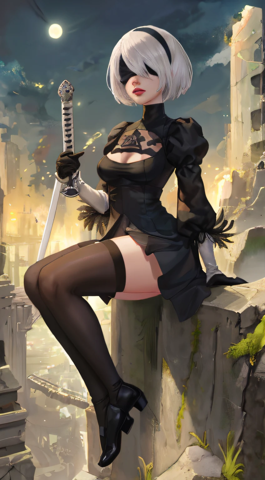 masterpiece, best quality, highres, 1girl, yorha no.2 type b, solo, white hair, short hair, red lipstick, covered eyes, mature female, shiny skin, long sleeves, cleavage cutout, black hairband, black blindfold, black gloves, swords, katanas, ruined city, ancient city, nigth sky, white flowers sea, night sky, moon, moonlight, full body