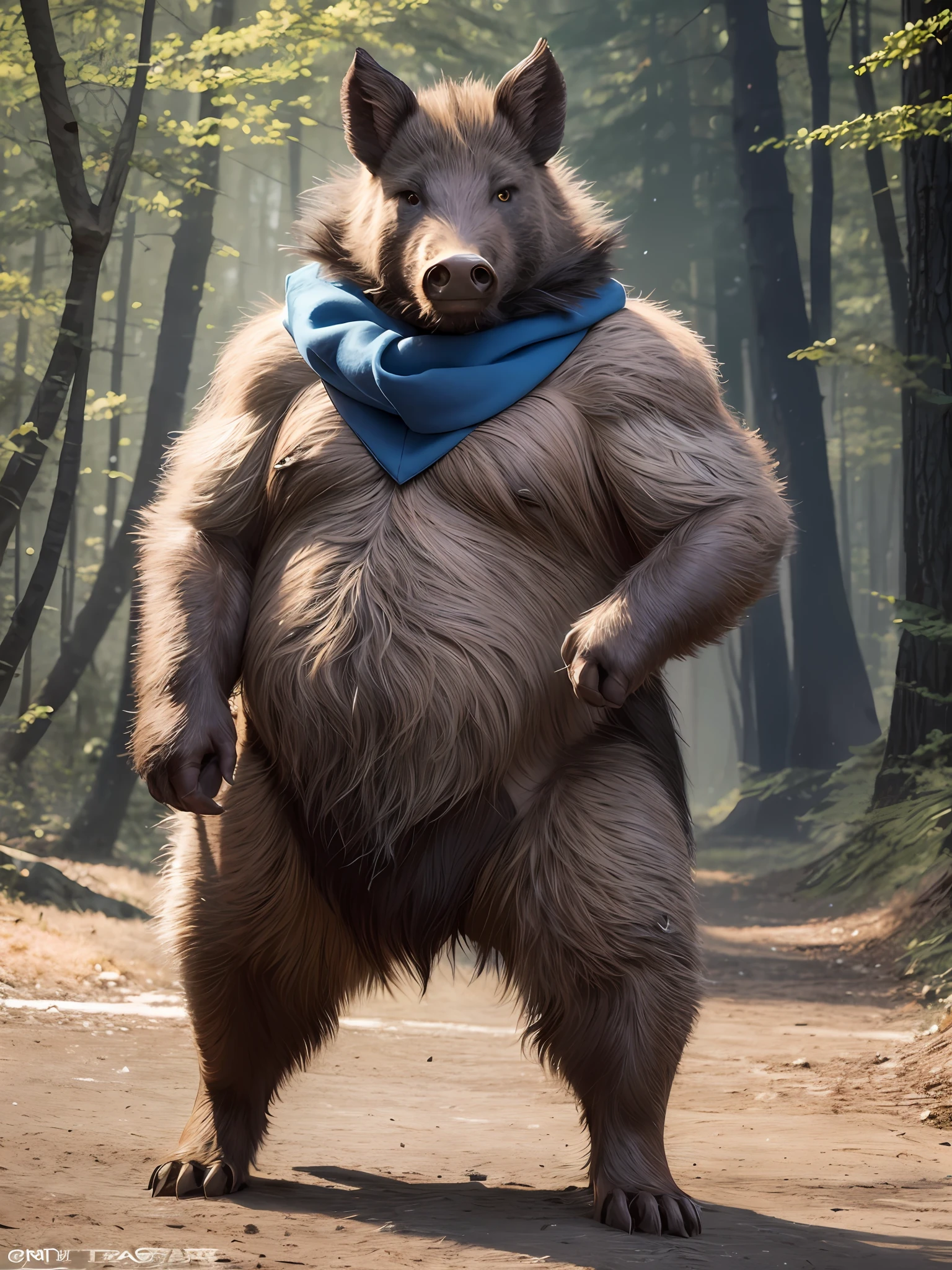 Front view, full height, human, male, wild boar with fangs, middle aged, solo, blue triangle scarf, boar brown fur all over, shaggy chubby body , standing like a human with correct anatomy, detailed background, forest background, realism, surrealism, ultra-detailed, (masterpiece: 1.2), epic, (right hand), natural light, (Grim Faust), high quality hyper-detail blue eyes, theropod